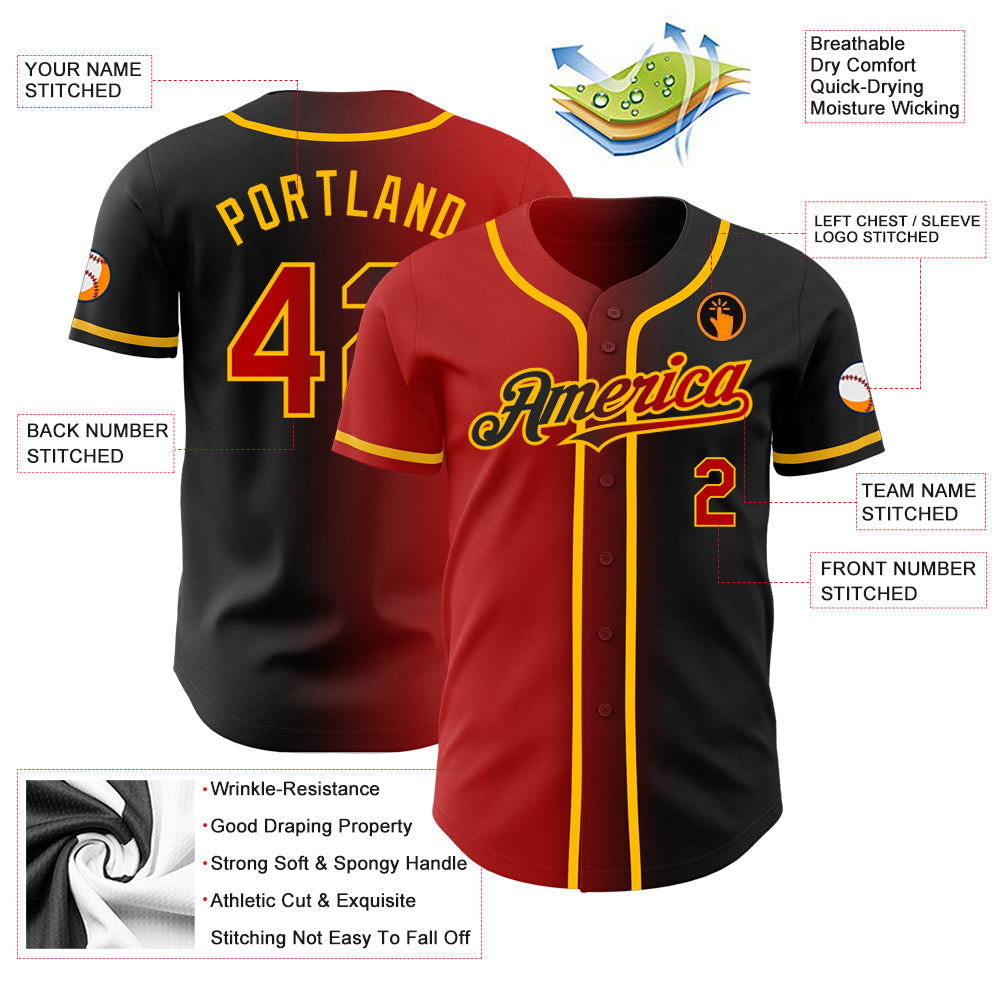 Custom Black Red-Gold Authentic Gradient Fashion Baseball Jersey view 3