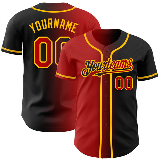 Custom Black Red-Gold Authentic Gradient Fashion Baseball Jersey - Main View