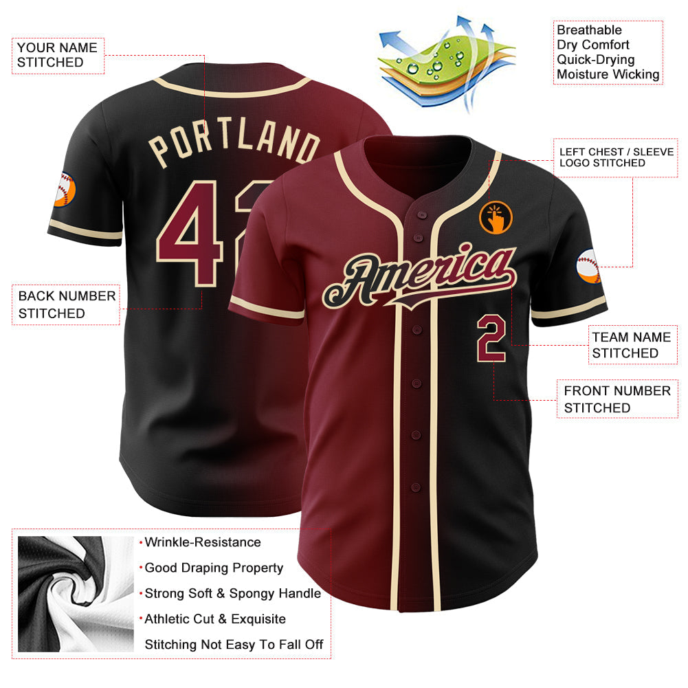 Custom Black Crimson-City Cream Authentic Gradient Fashion Baseball Jersey view 3