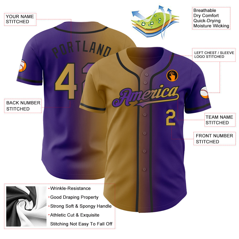 Custom Purple Old Gold-Black Authentic Gradient Fashion Baseball Jersey view 3