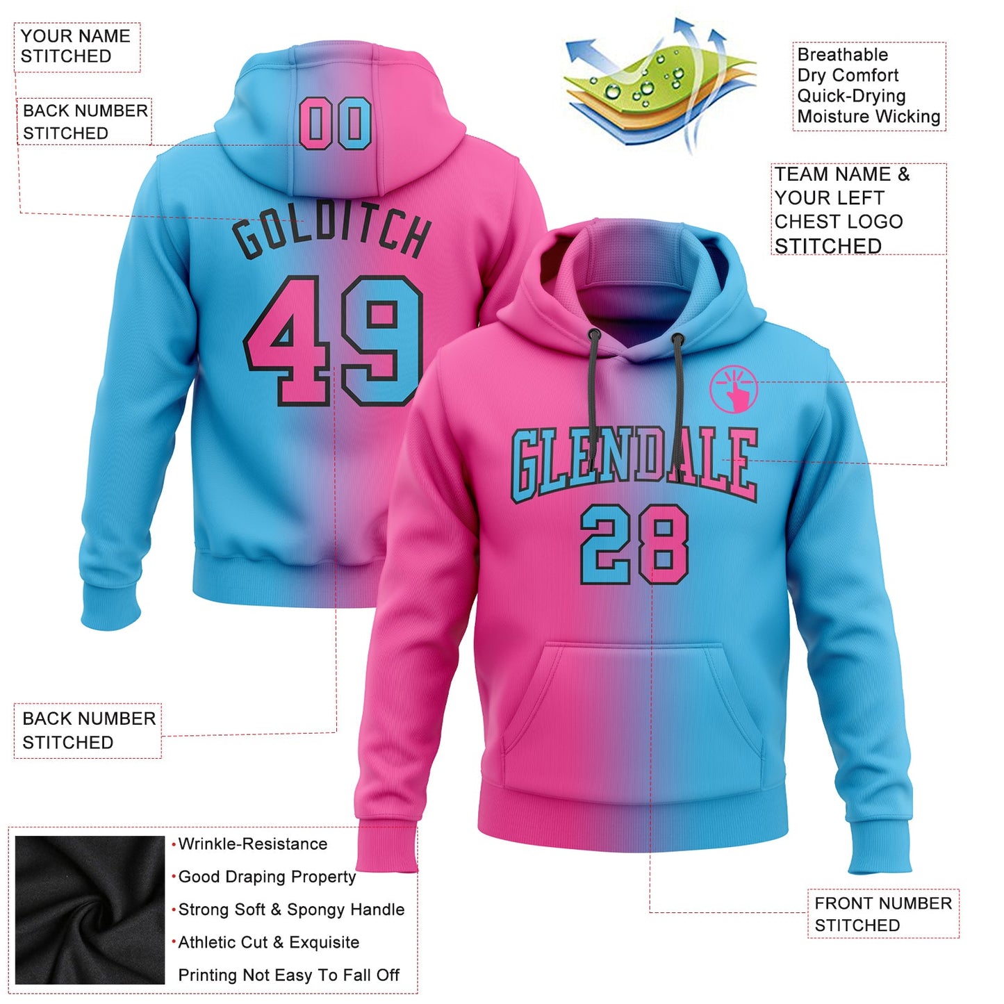 Custom Stitched Sky Blue Pink-Black Gradient Fashion Sports Pullover Sweatshirt Hoodie view 2