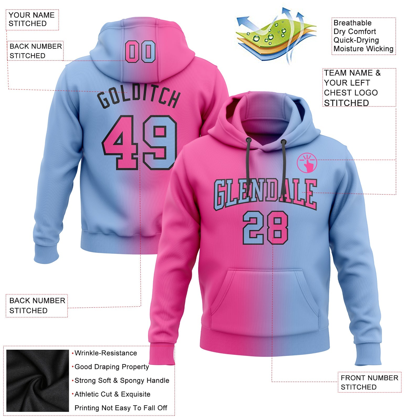 Custom Stitched Light Blue Pink-Black Gradient Fashion Sports Pullover Sweatshirt Hoodie view 2