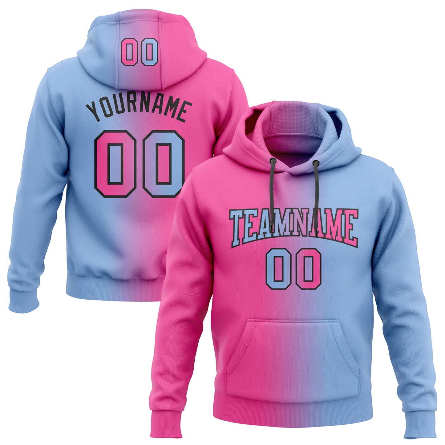 Custom Stitched Light Blue Pink-Black Gradient Fashion Sports Pullover Sweatshirt Hoodie - Main View