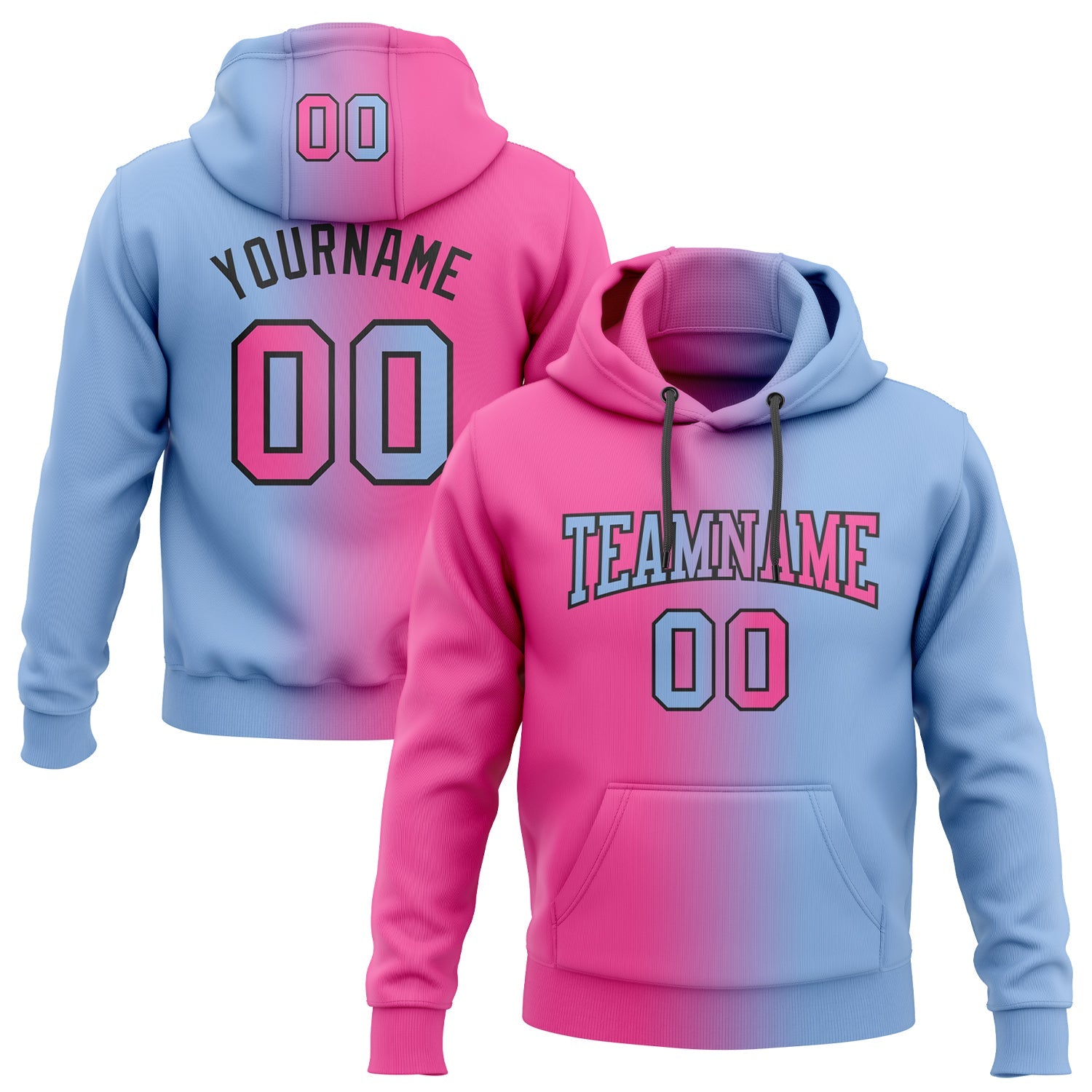 Custom Stitched Light Blue Pink-Black Gradient Fashion Sports Pullover Sweatshirt Hoodie - Main View