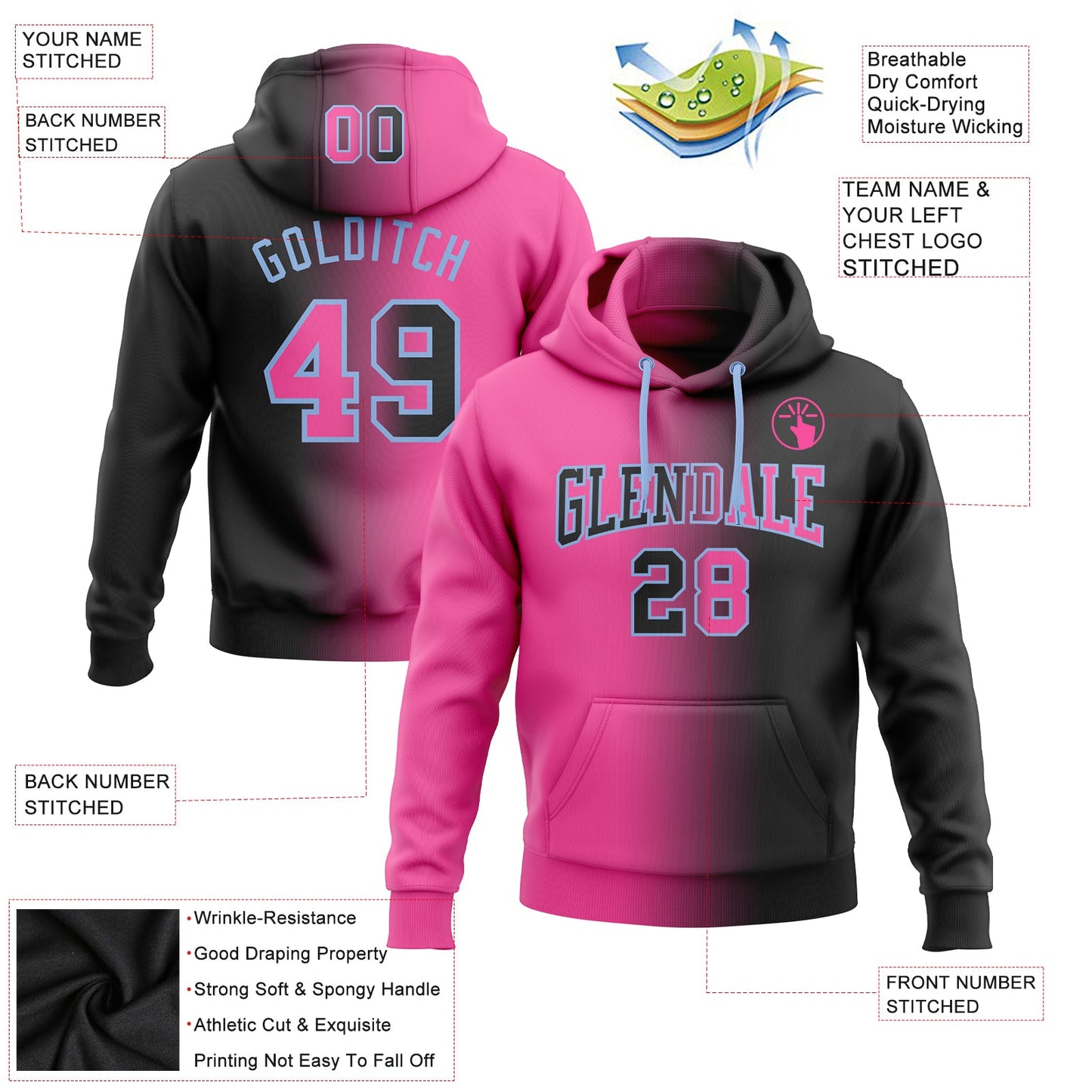 Custom Stitched Black Pink-Light Blue Gradient Fashion Sports Pullover Sweatshirt Hoodie view 3