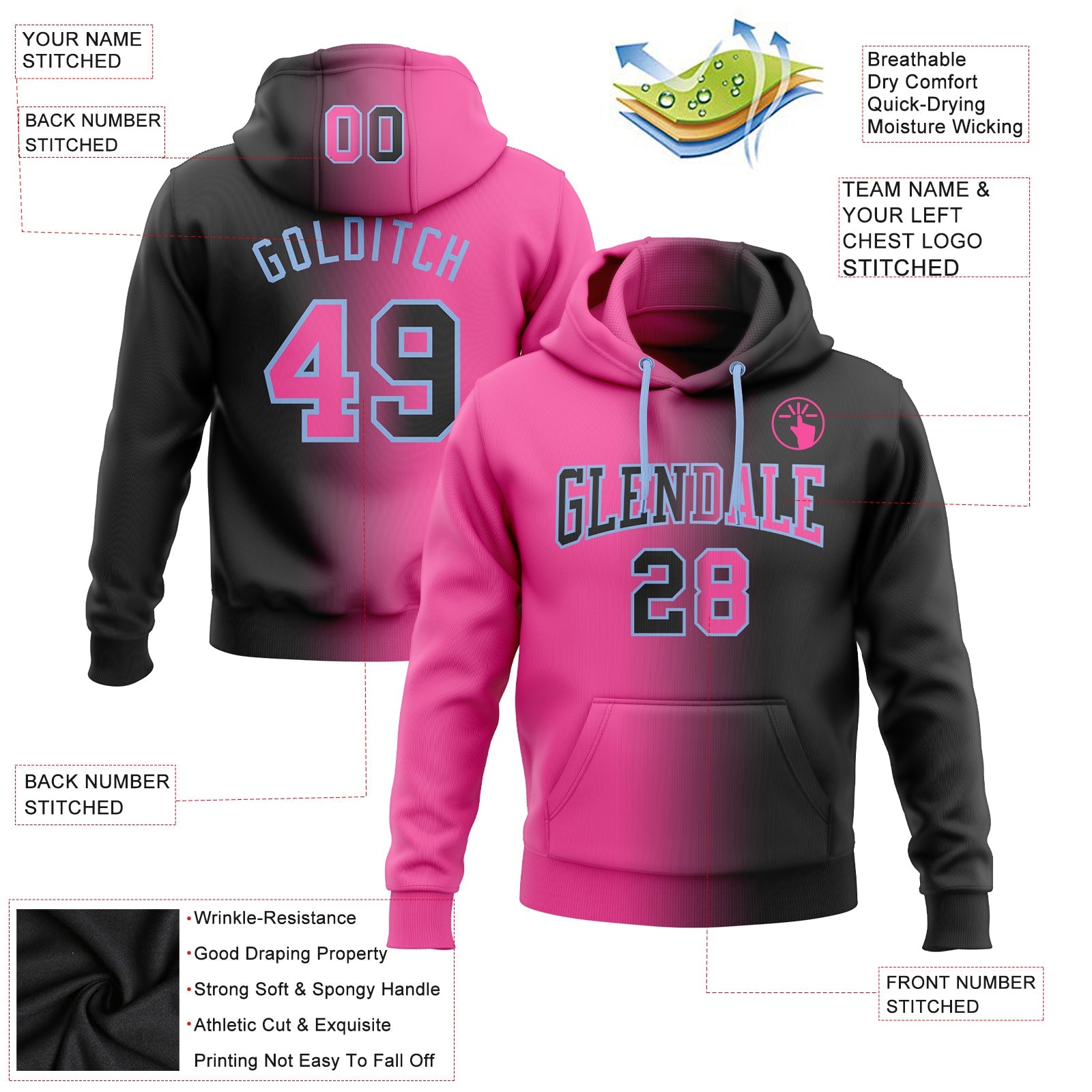 Custom Stitched Black Pink-Light Blue Gradient Fashion Sports Pullover Sweatshirt Hoodie view 3