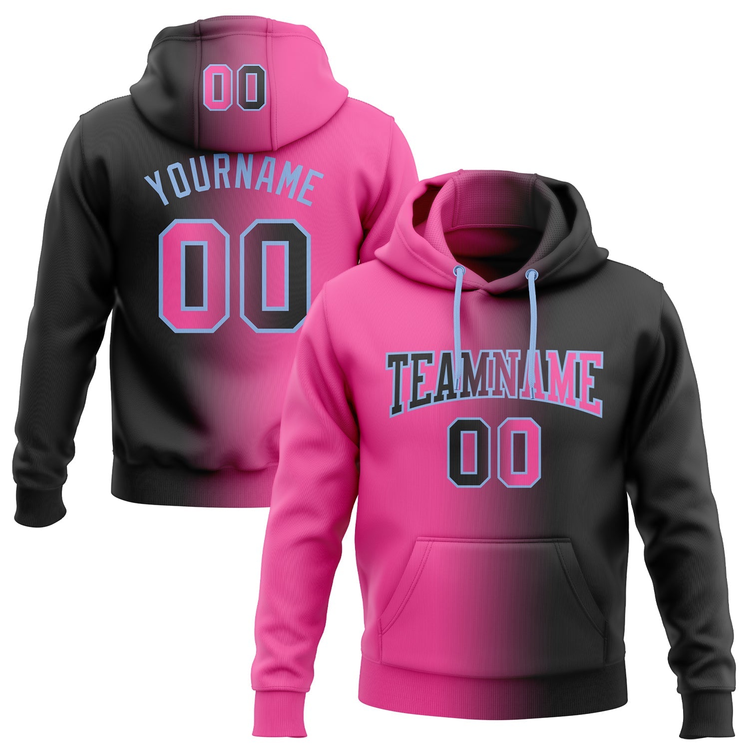 Custom Stitched Black Pink-Light Blue Gradient Fashion Sports Pullover Sweatshirt Hoodie - Main View