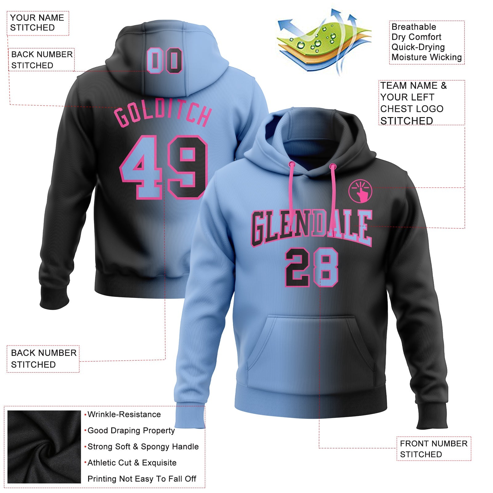 Custom Stitched Black Light Blue-Pink Gradient Fashion Sports Pullover Sweatshirt Hoodie view 2