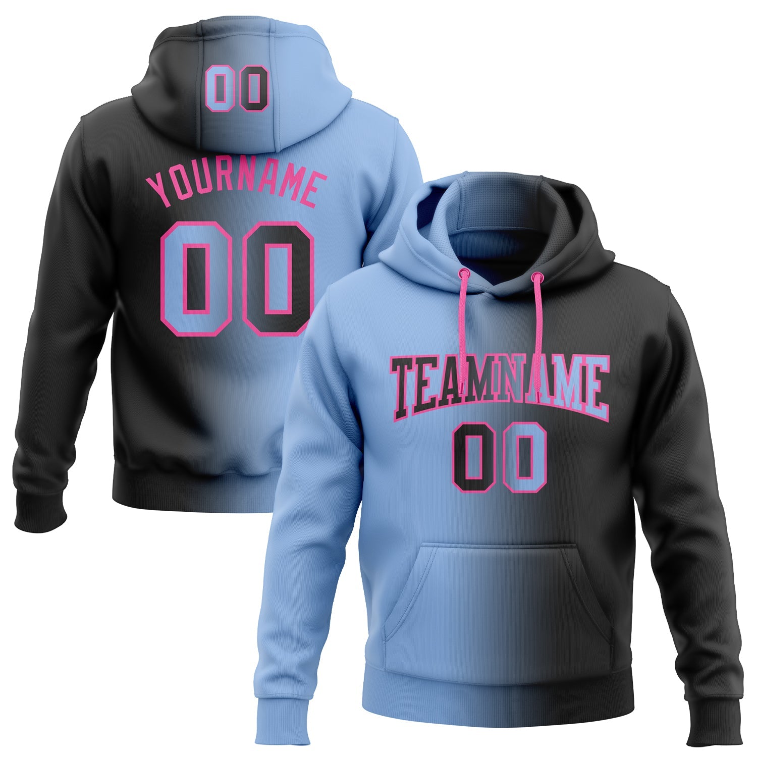 Custom Stitched Black Light Blue-Pink Gradient Fashion Sports Pullover Sweatshirt Hoodie - Main View