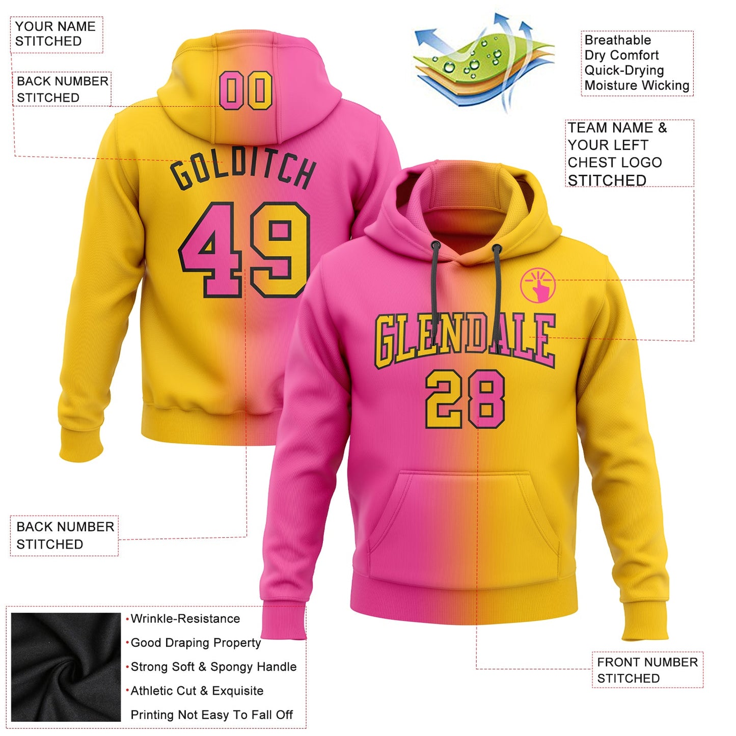 Custom Stitched Yellow Pink-Black Gradient Fashion Sports Pullover Sweatshirt Hoodie view 2