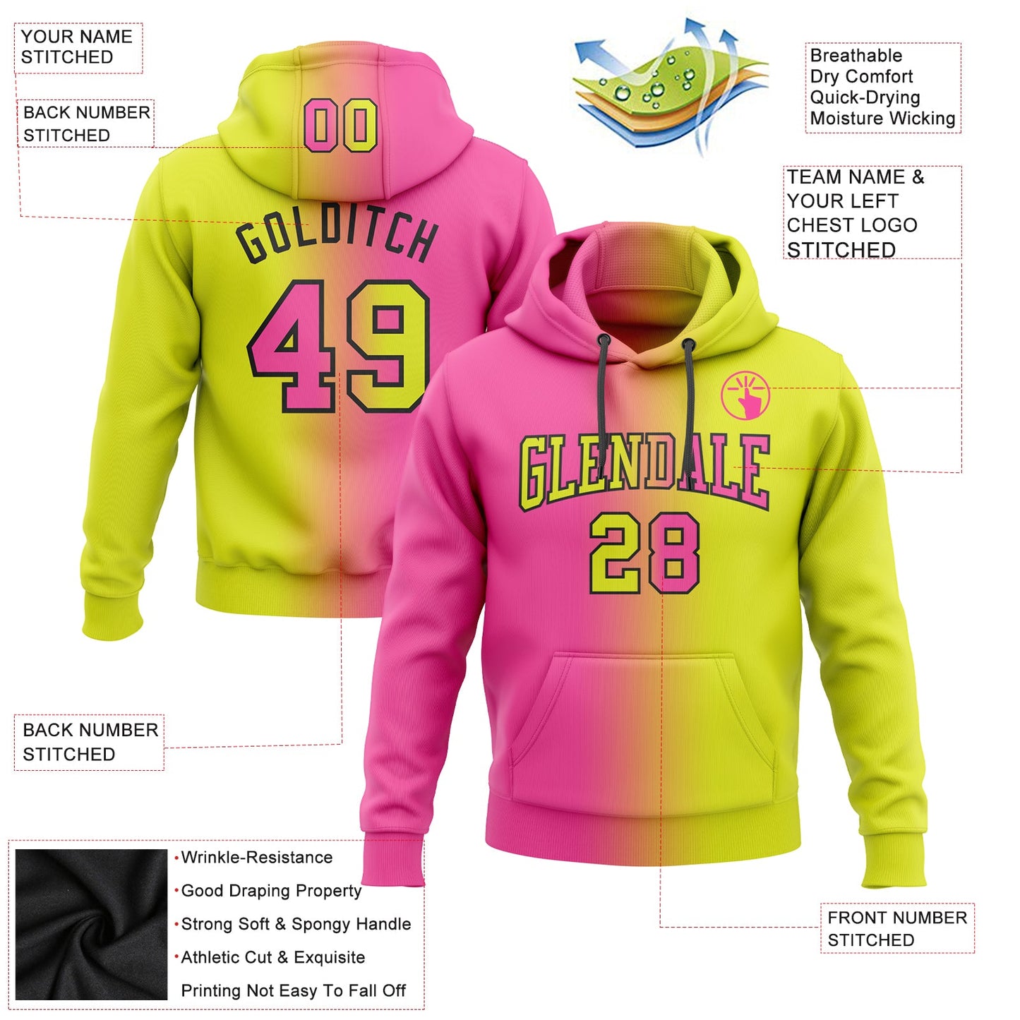 Custom Stitched Neon Yellow Pink-Black Gradient Fashion Sports Pullover Sweatshirt Hoodie view 2