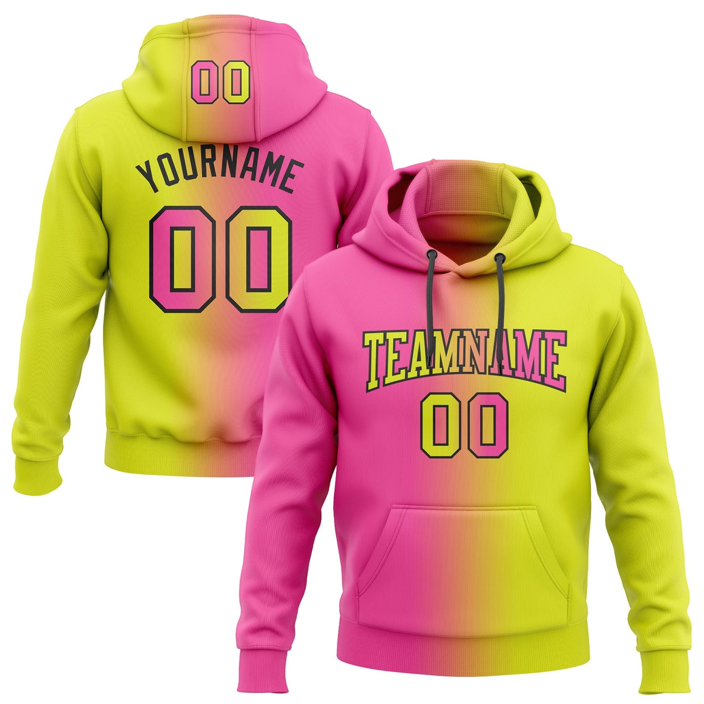 Custom Stitched Neon Yellow Pink-Black Gradient Fashion Sports Pullover Sweatshirt Hoodie - Main View