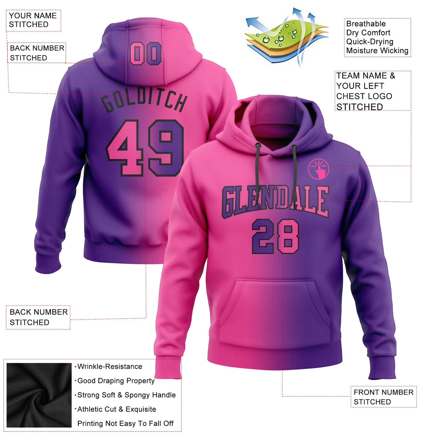 Custom Stitched Purple Pink-Black Gradient Fashion Sports Pullover Sweatshirt Hoodie view 2