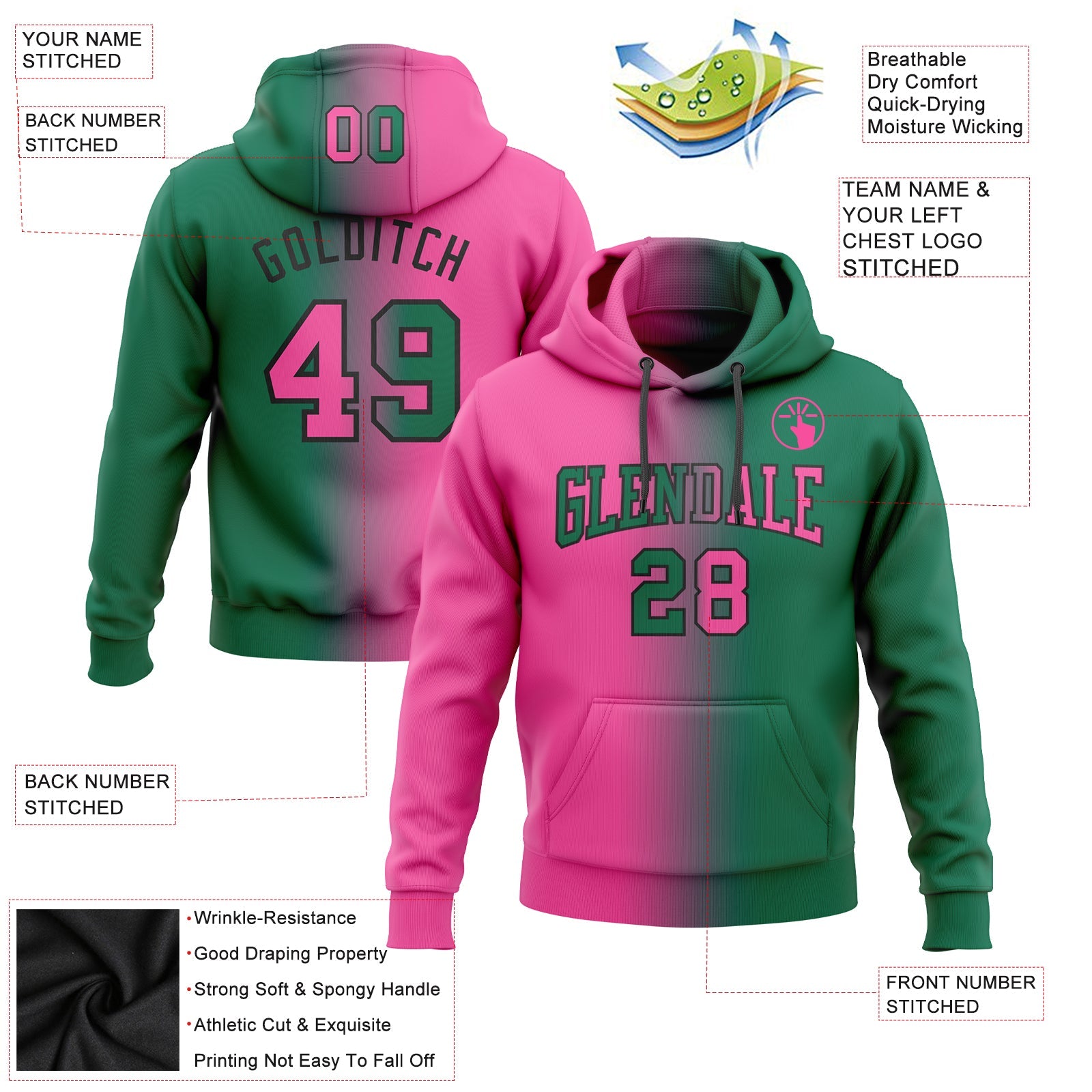Custom Stitched Kelly Green Pink-Black Gradient Fashion Sports Pullover Sweatshirt Hoodie view 2