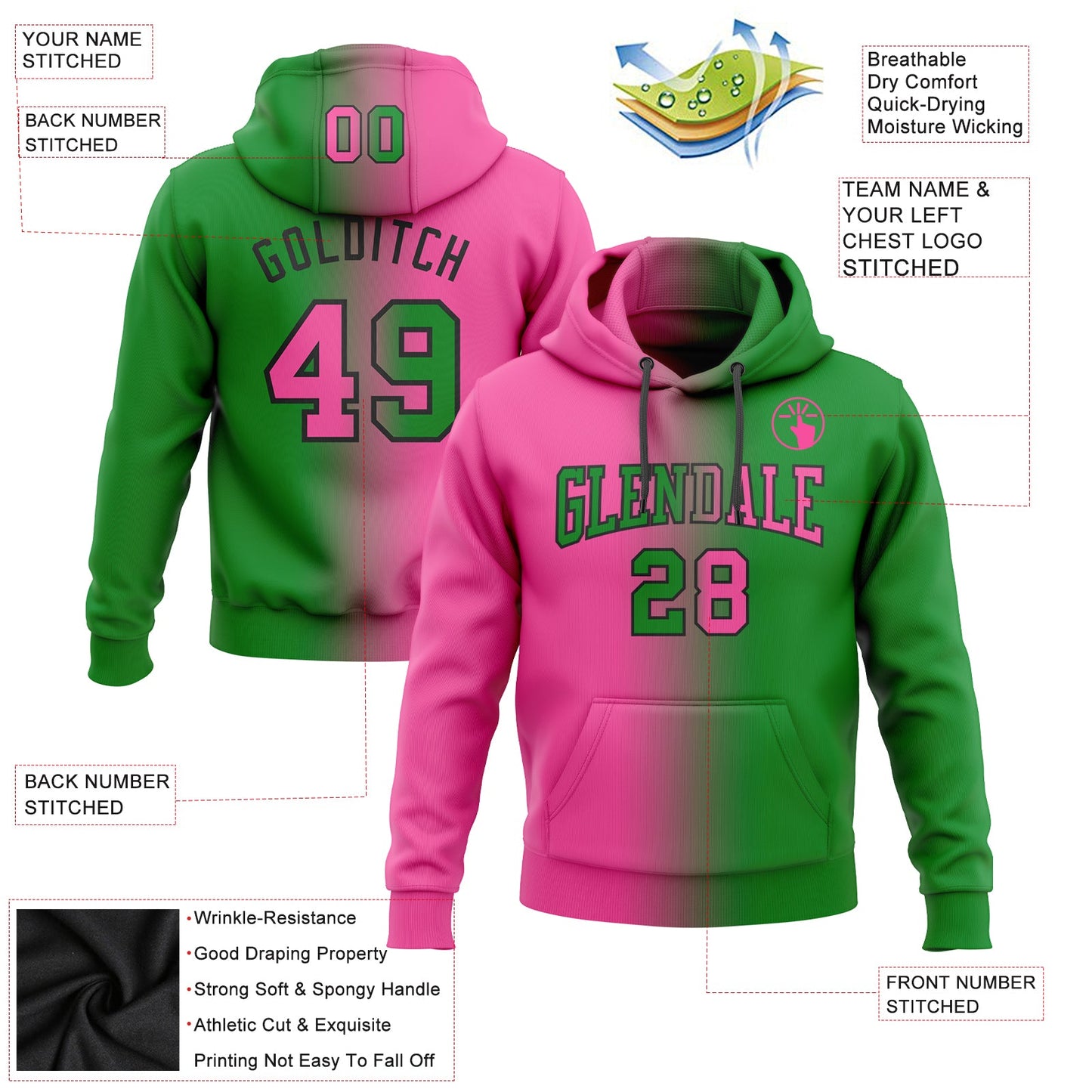 Custom Stitched Grass Green Pink-Black Gradient Fashion Sports Pullover Sweatshirt Hoodie view 2