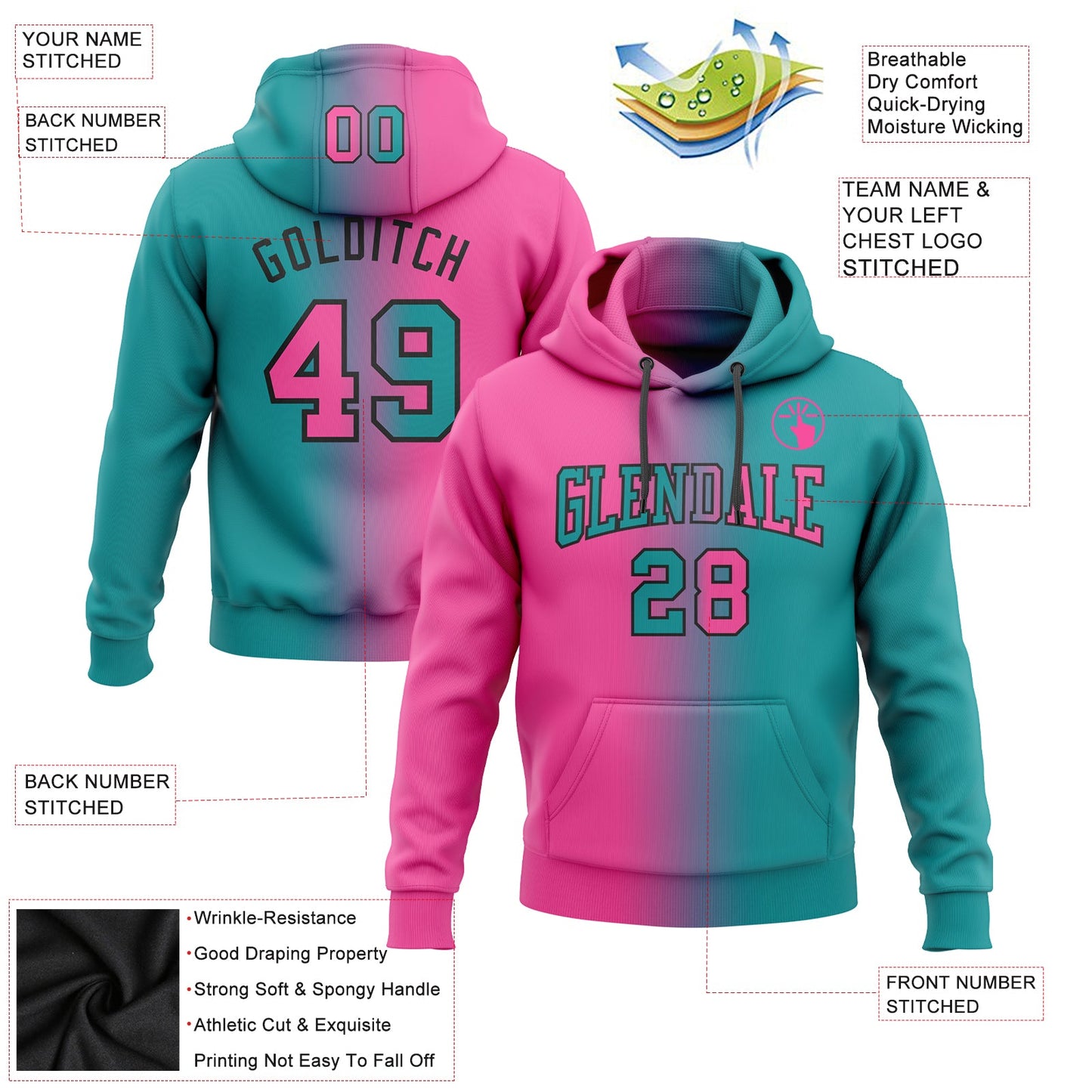 Custom Stitched Teal Pink-Black Gradient Fashion Sports Pullover Sweatshirt Hoodie view 2