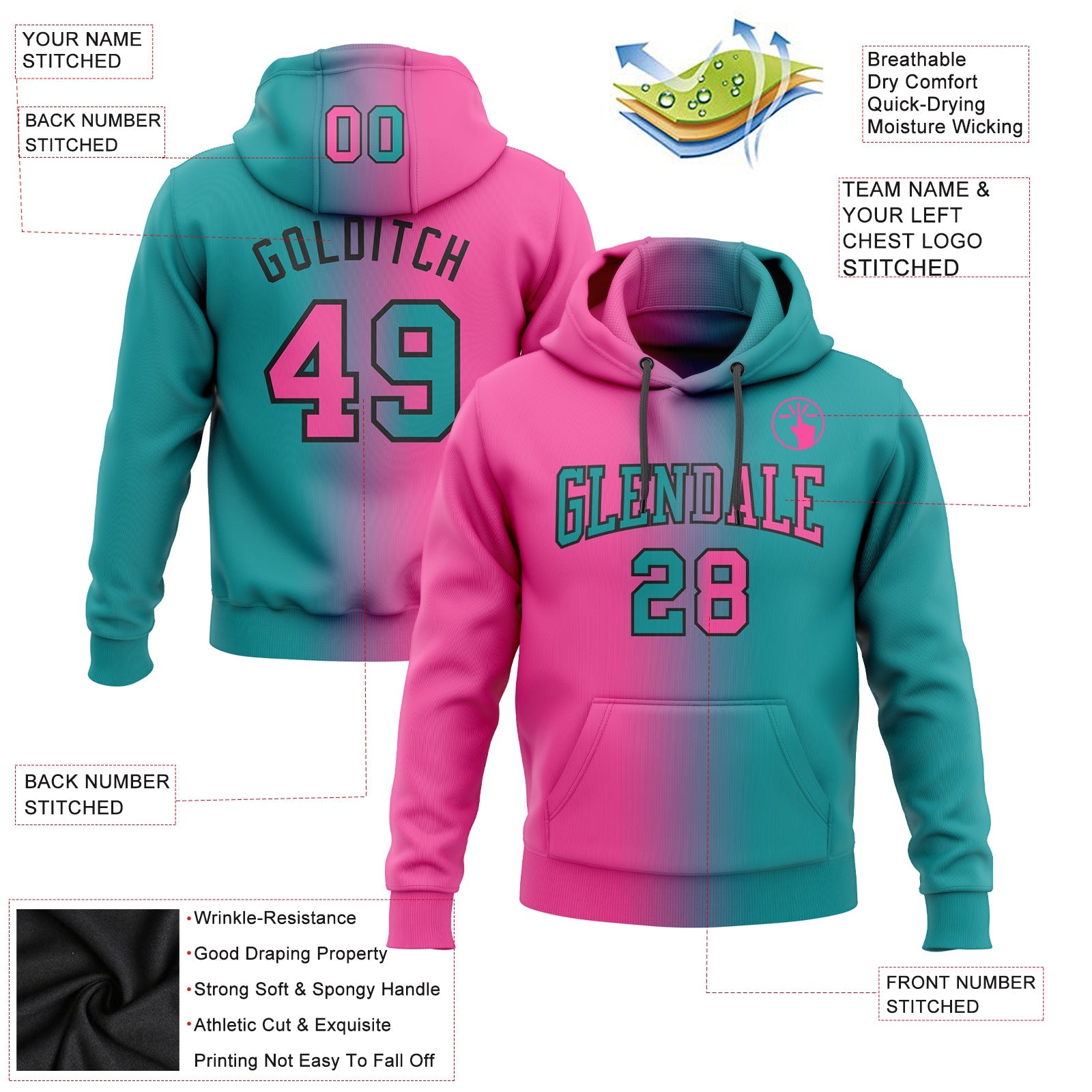 Custom Stitched Teal Pink-Black Gradient Fashion Sports Pullover Sweatshirt Hoodie view 2