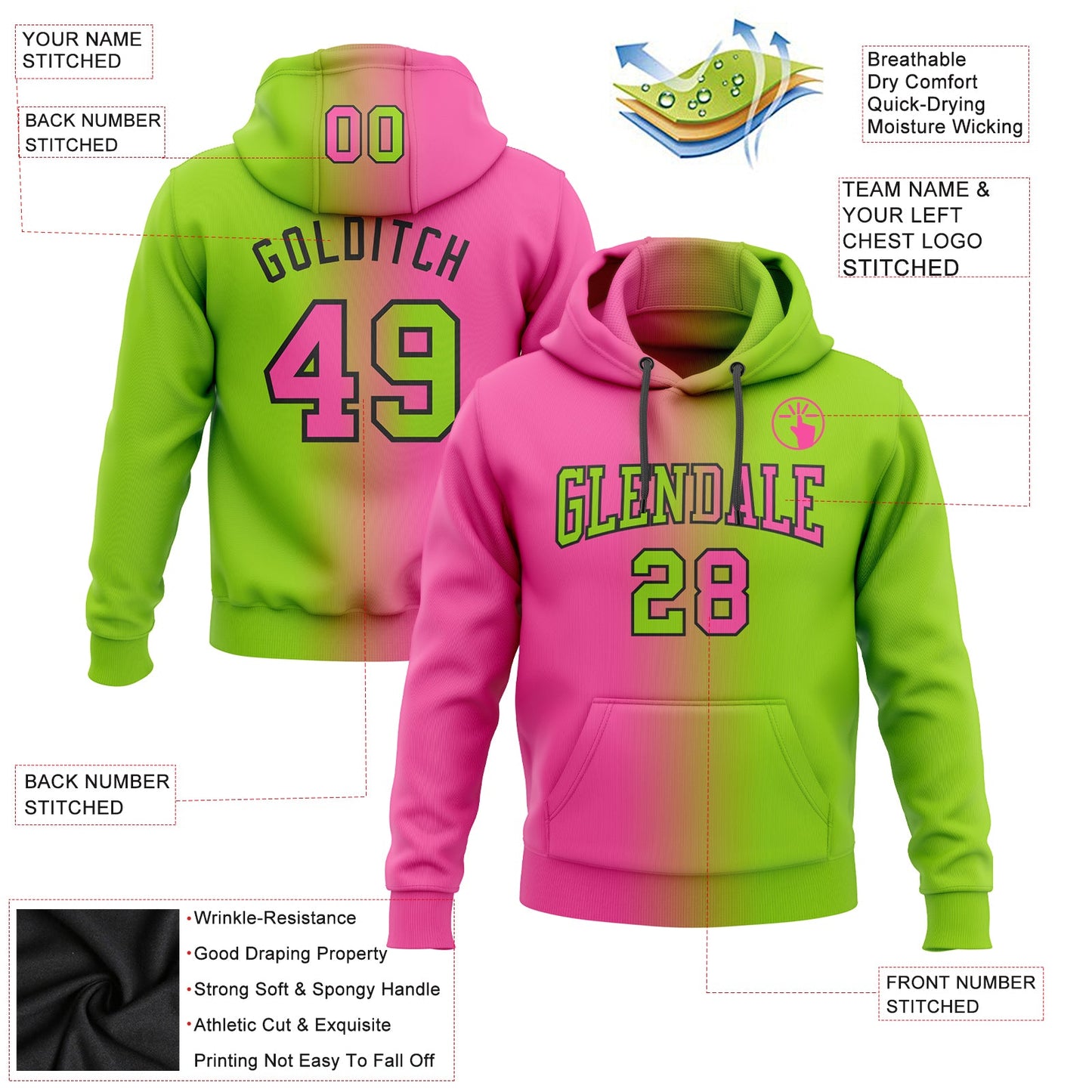 Custom Stitched Neon Green Pink-Black Gradient Fashion Sports Pullover Sweatshirt Hoodie view 2