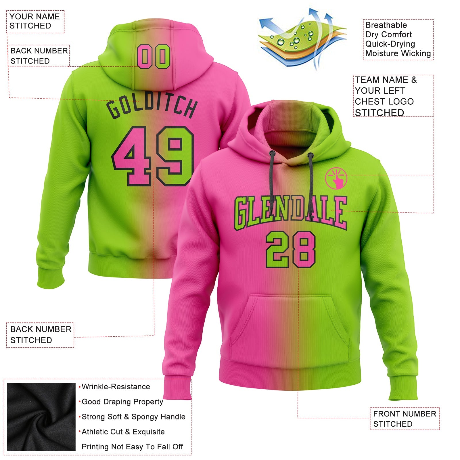 Custom Stitched Neon Green Pink-Black Gradient Fashion Sports Pullover Sweatshirt Hoodie view 2