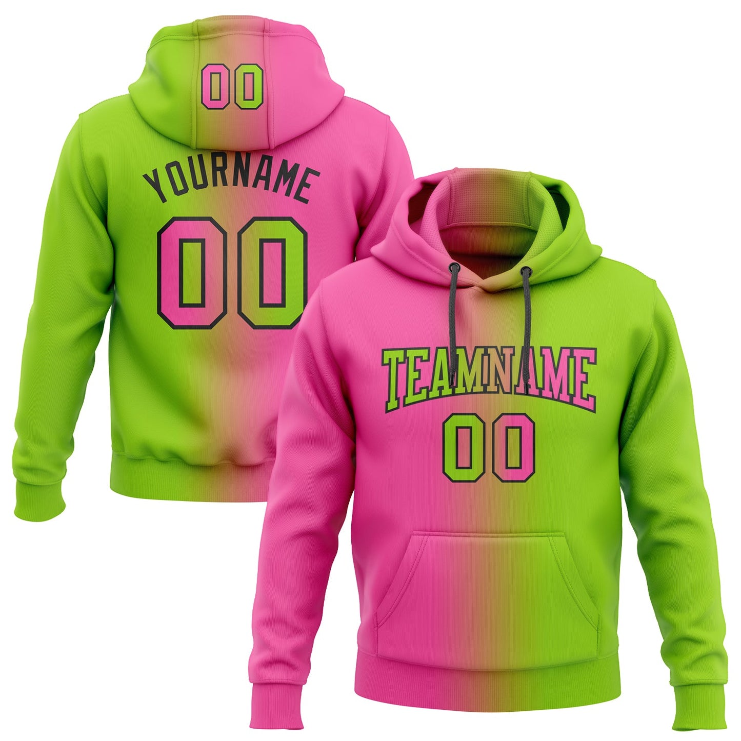 Custom Stitched Neon Green Pink-Black Gradient Fashion Sports Pullover Sweatshirt Hoodie - Main View