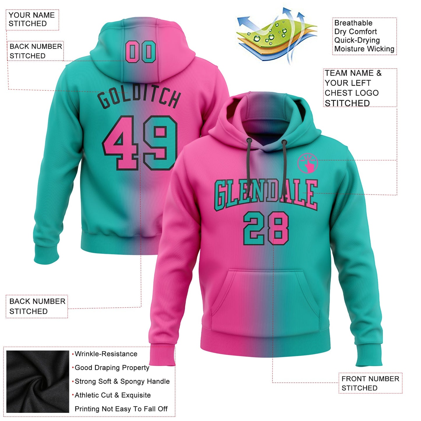 Custom Stitched Aqua Pink-Black Gradient Fashion Sports Pullover Sweatshirt Hoodie view 2