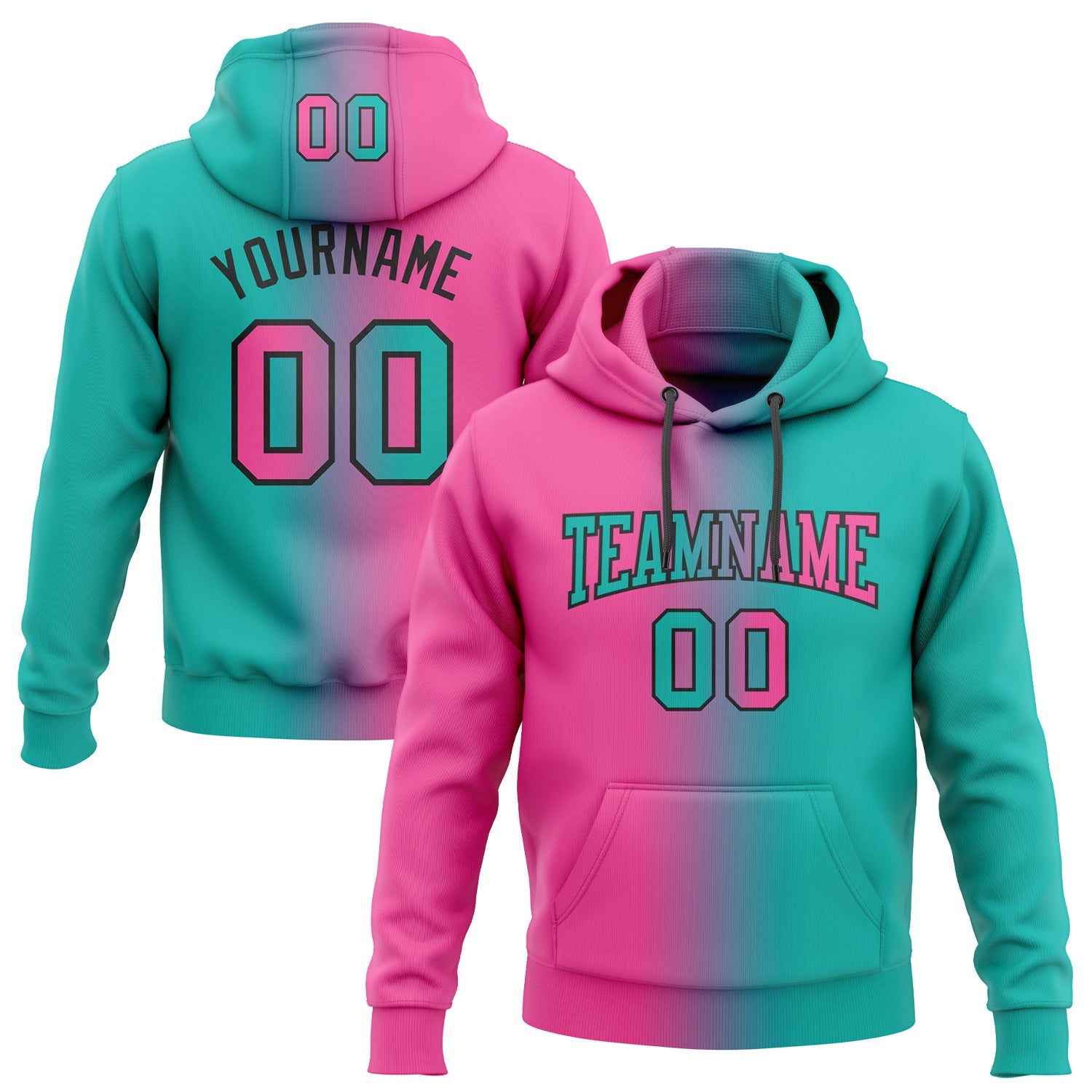 Custom Stitched Aqua Pink-Black Gradient Fashion Sports Pullover Sweatshirt Hoodie - Main View