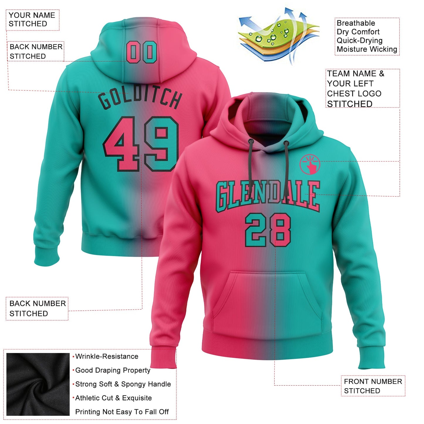 Custom Stitched Aqua Neon Pink-Black Gradient Fashion Sports Pullover Sweatshirt Hoodie view 2