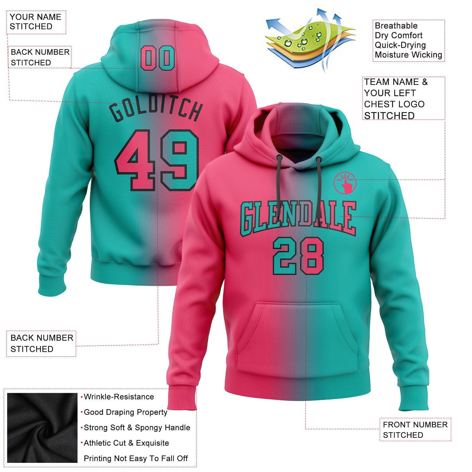 Custom Stitched Aqua Neon Pink-Black Gradient Fashion Sports Pullover Sweatshirt Hoodie view 2