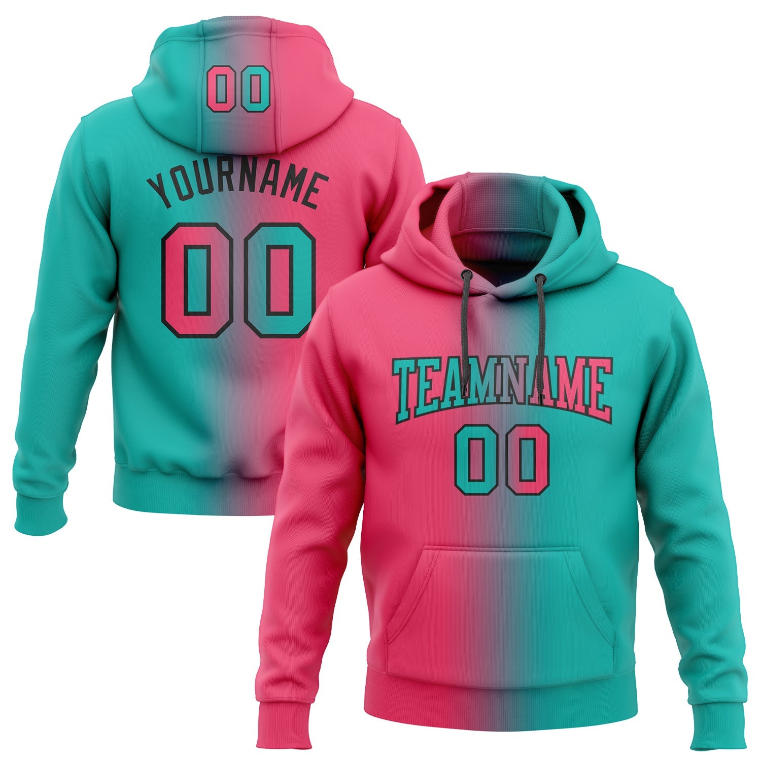 Custom Stitched Aqua Neon Pink-Black Gradient Fashion Sports Pullover Sweatshirt Hoodie - Main View