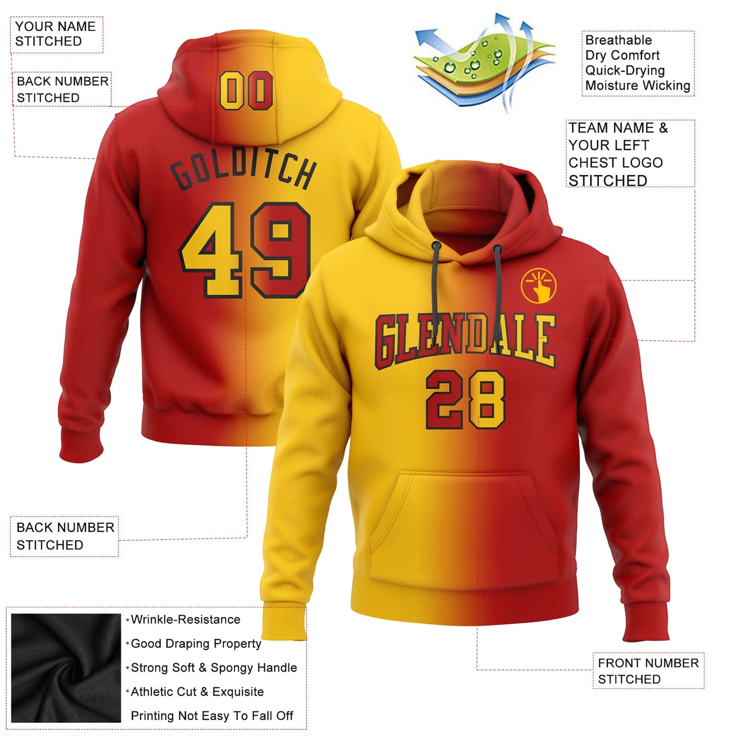 Custom Stitched Red Yellow-Black Gradient Fashion Sports Pullover Sweatshirt Hoodie view 2