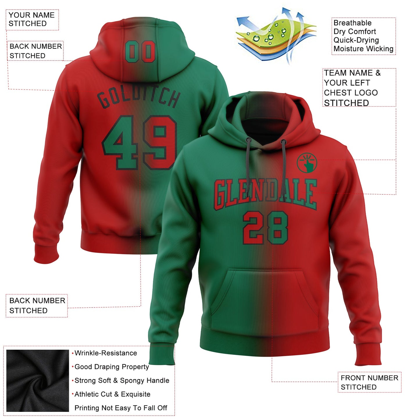 Custom Stitched Red Kelly Green-Black Gradient Fashion Sports Pullover Sweatshirt Hoodie view 2
