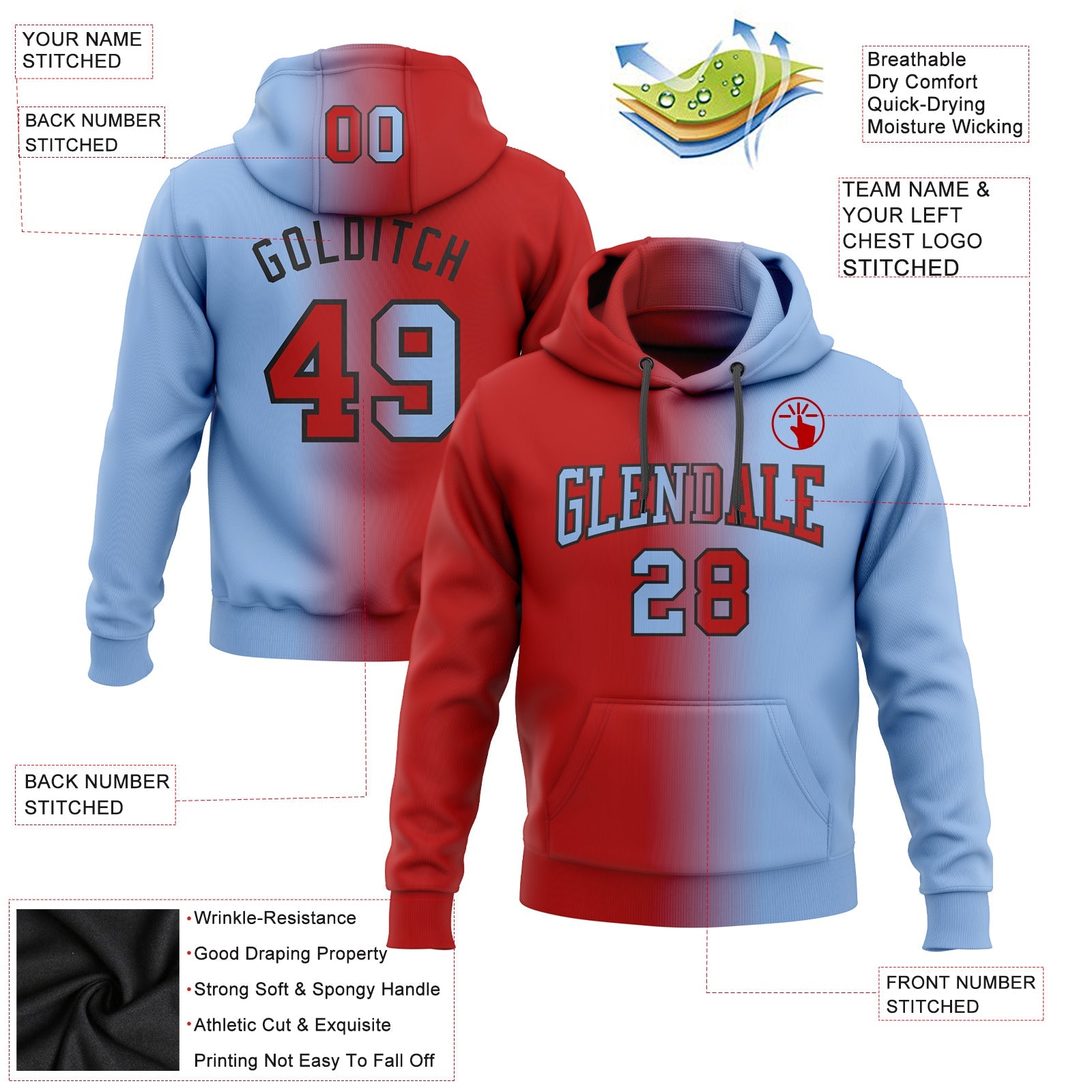 Custom Stitched Light Blue Red-Black Gradient Fashion Sports Pullover Sweatshirt Hoodie view 2