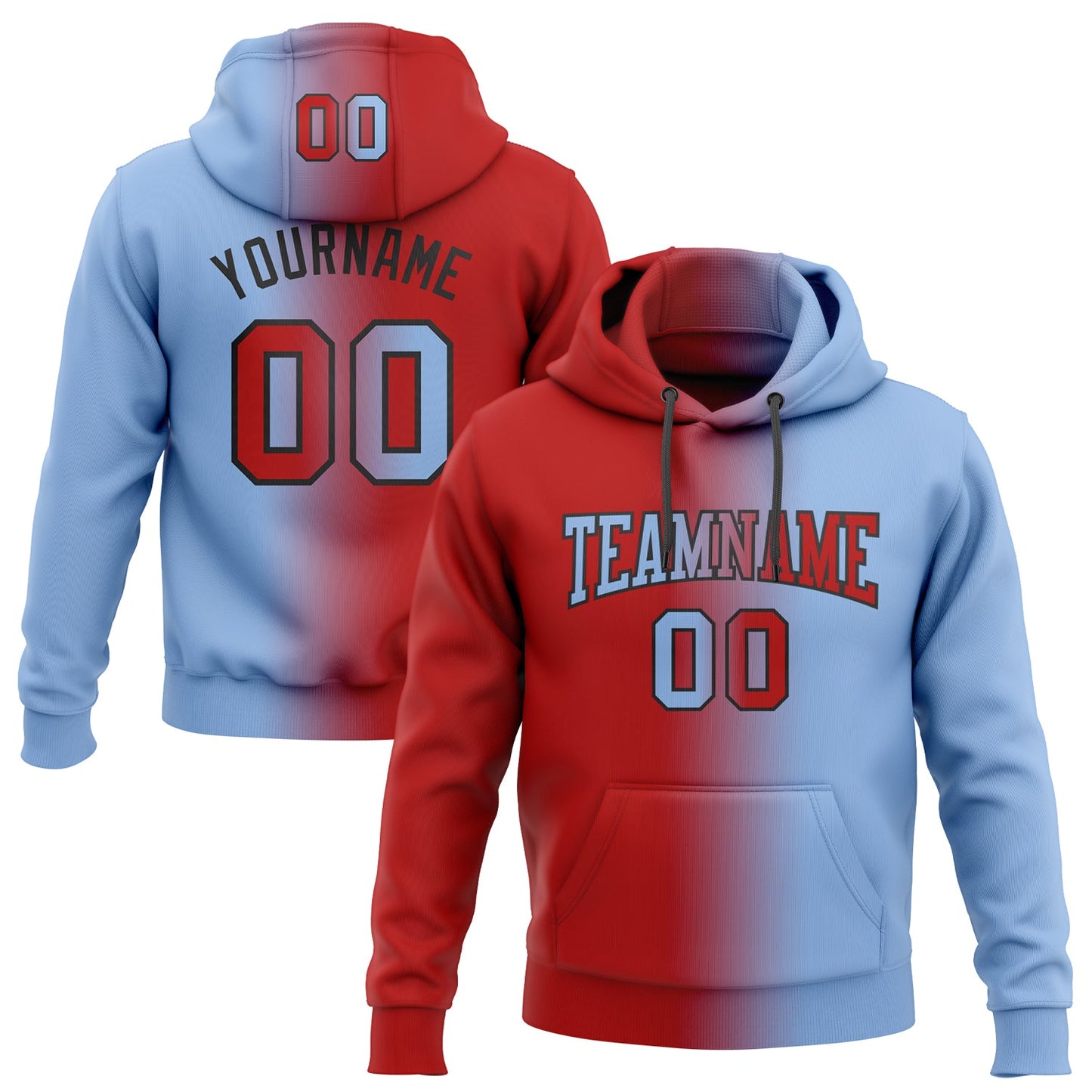 Custom Stitched Light Blue Red-Black Gradient Fashion Sports Pullover Sweatshirt Hoodie - Main View
