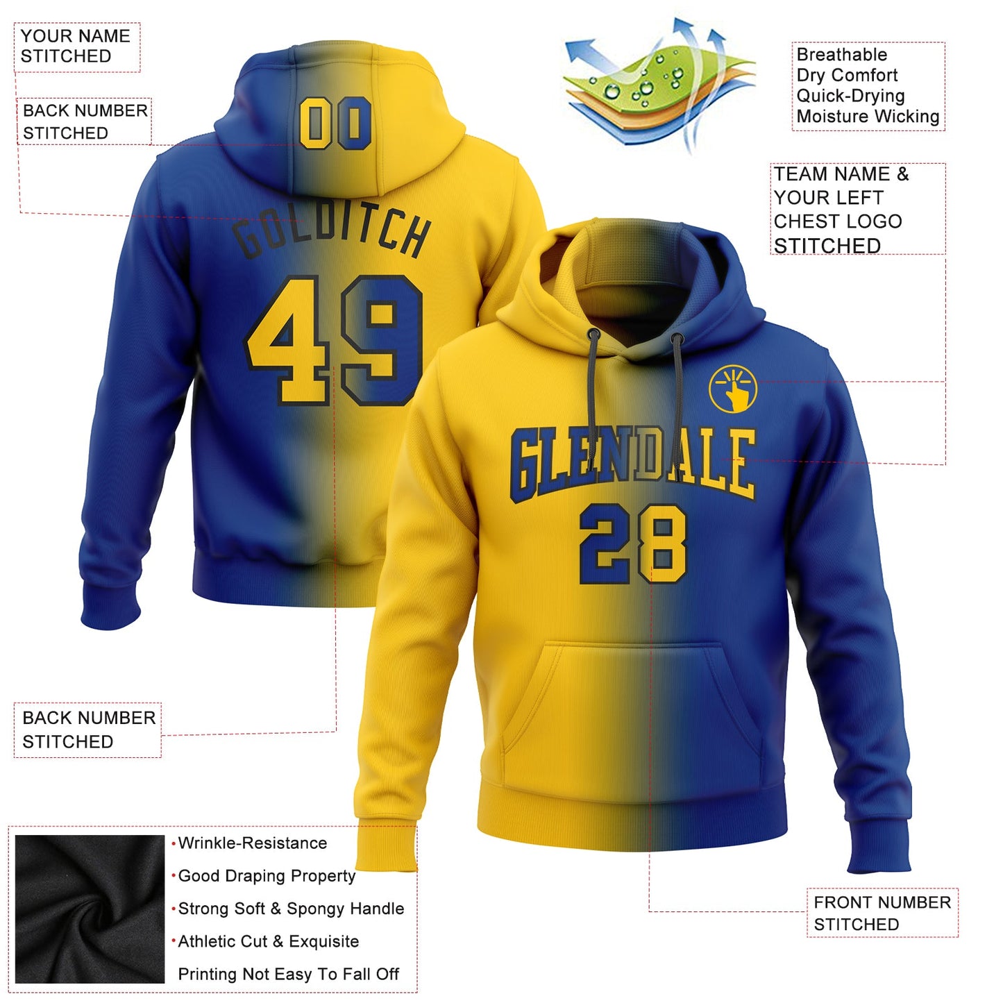 Custom Stitched Royal Yellow-Black Gradient Fashion Sports Pullover Sweatshirt Hoodie view 2