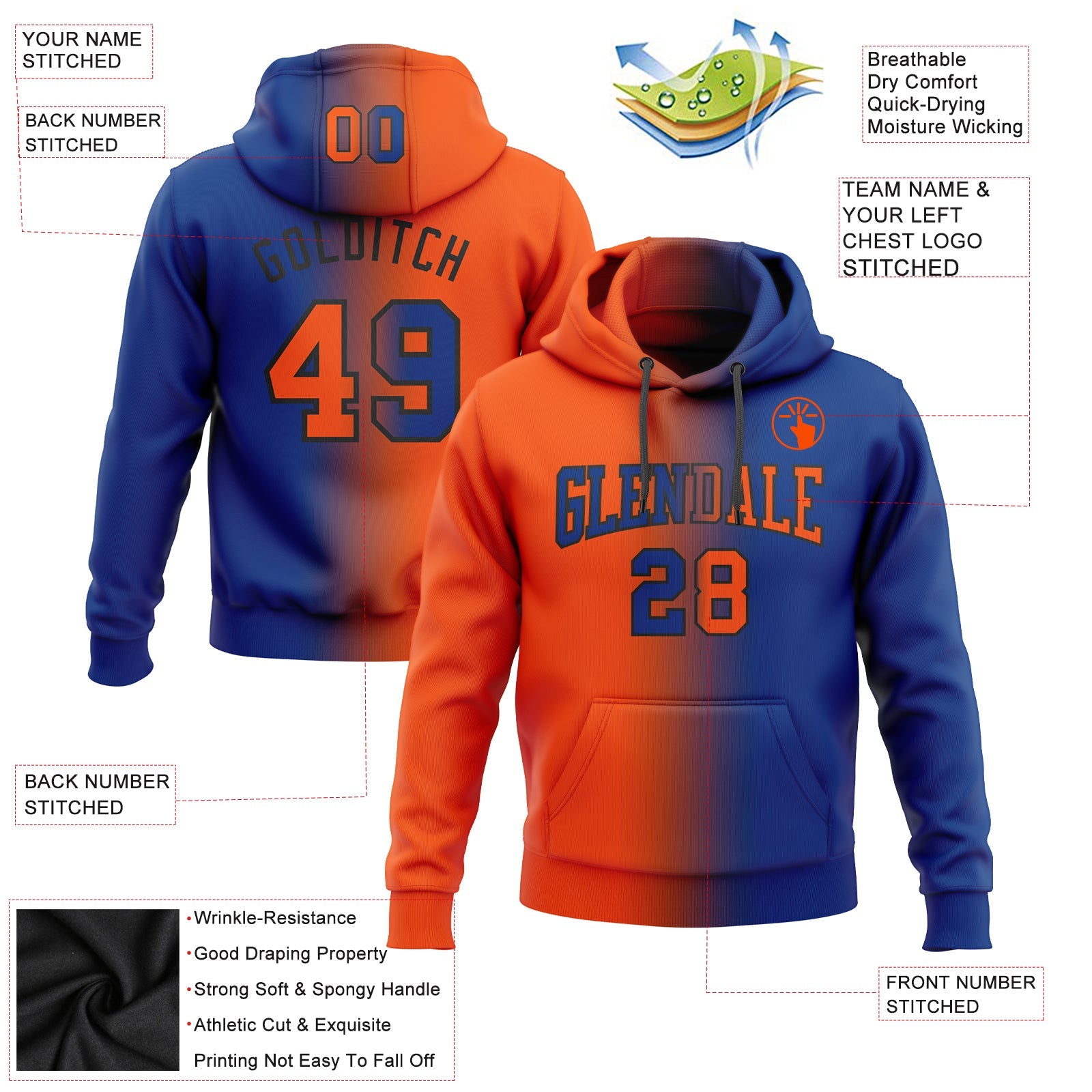 Custom Stitched Royal Orange-Black Gradient Fashion Sports Pullover Sweatshirt Hoodie view 2