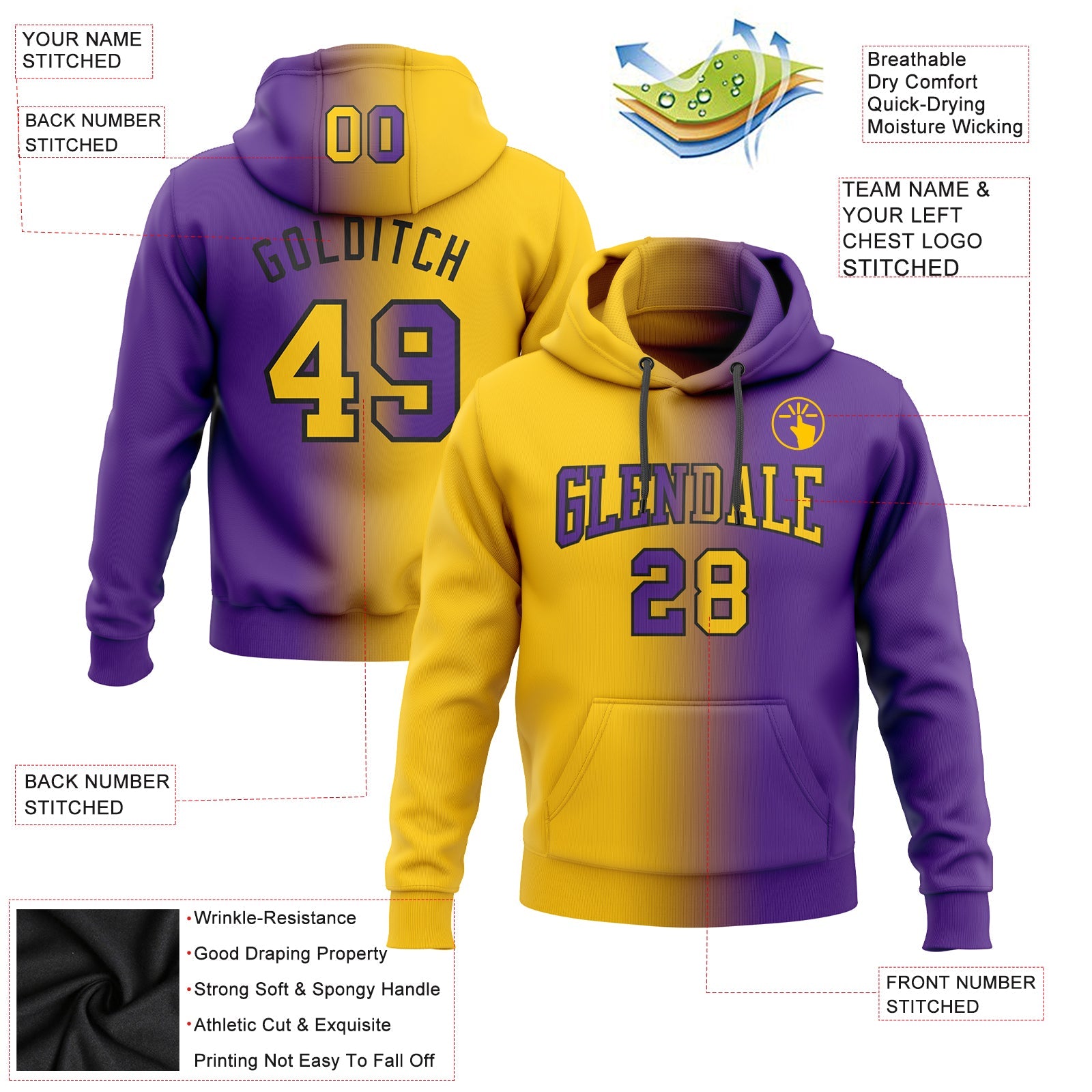 Custom Stitched Purple Yellow-Black Gradient Fashion Sports Pullover Sweatshirt Hoodie view 3