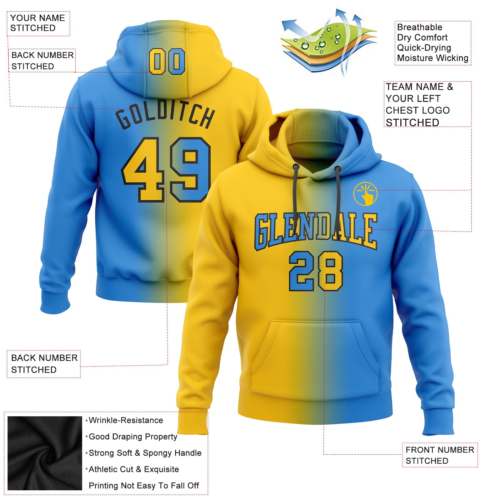 Custom Stitched Powder Blue Yellow-Black Gradient Fashion Sports Pullover Sweatshirt Hoodie view 2