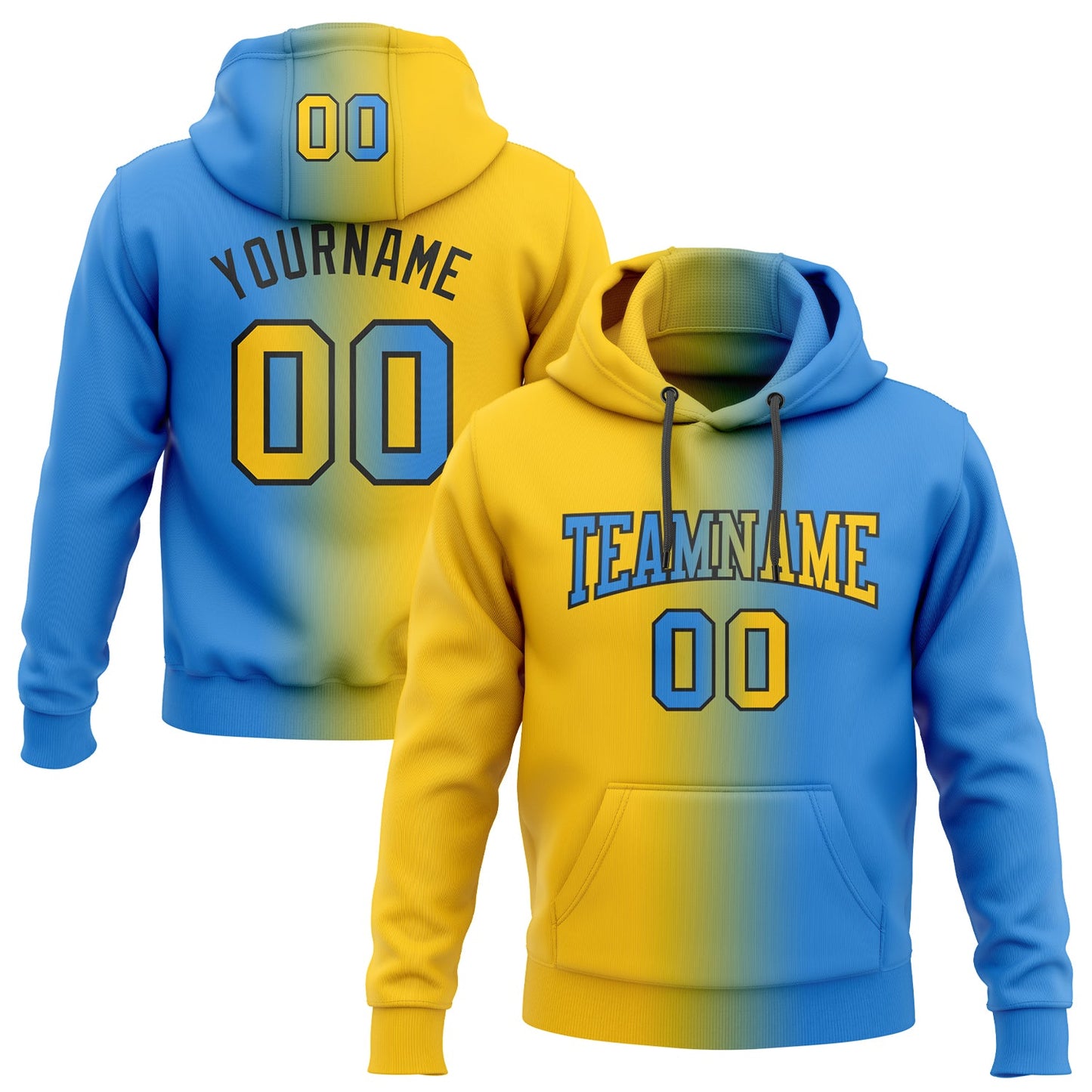 Custom Stitched Powder Blue Yellow-Black Gradient Fashion Sports Pullover Sweatshirt Hoodie - Main View