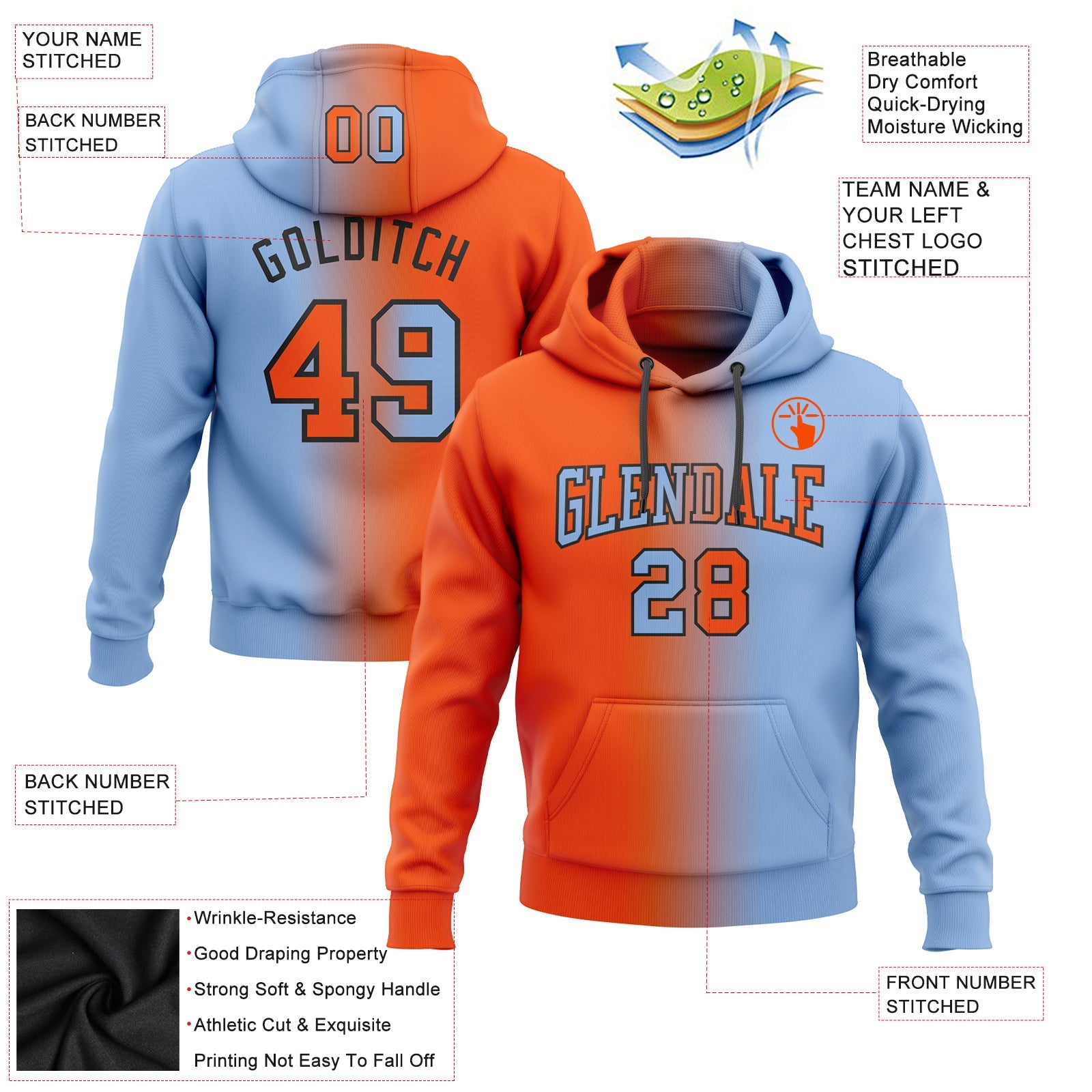 Custom Stitched Light Blue Orange-Black Gradient Fashion Sports Pullover Sweatshirt Hoodie view 2