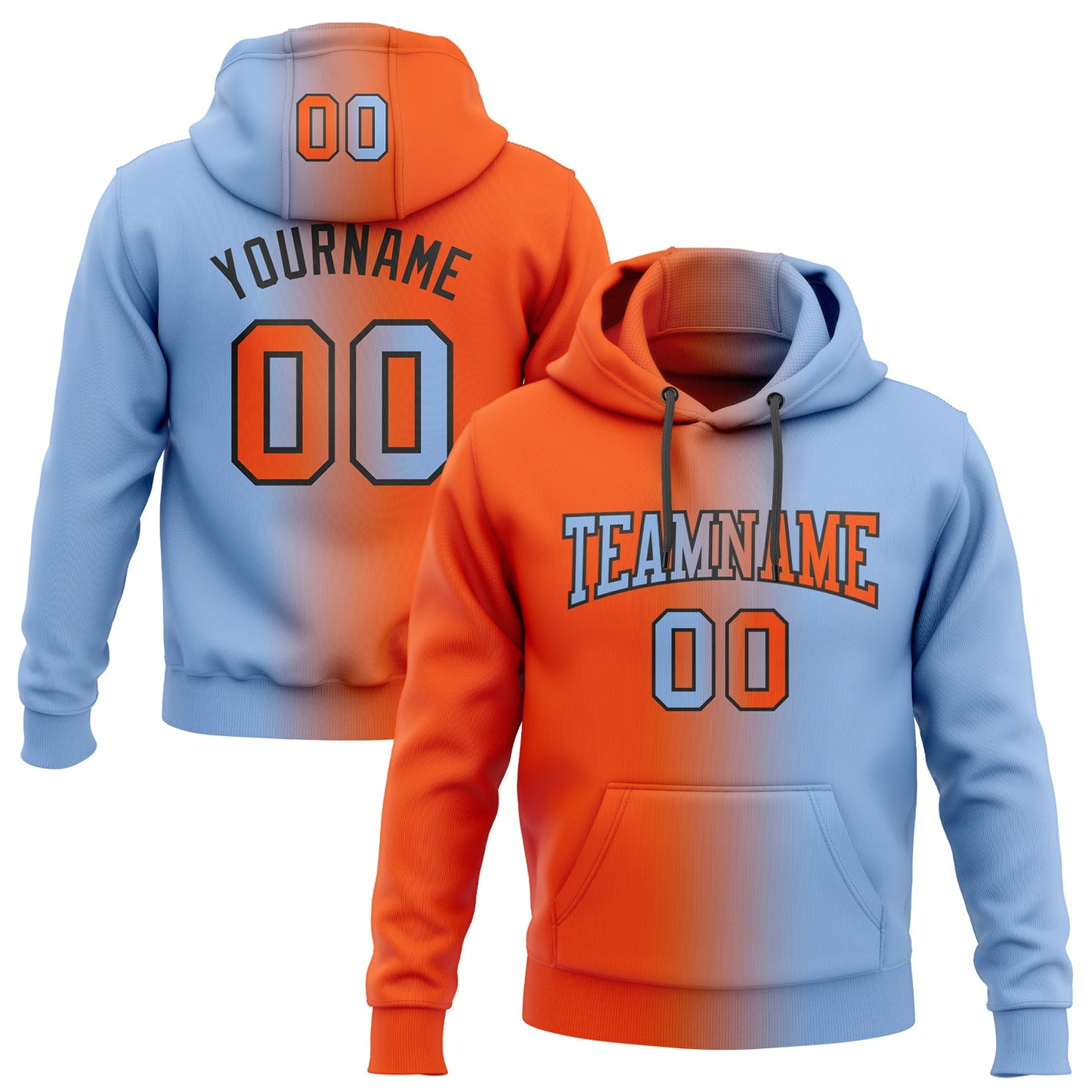 Custom Stitched Light Blue Orange-Black Gradient Fashion Sports Pullover Sweatshirt Hoodie - Main View
