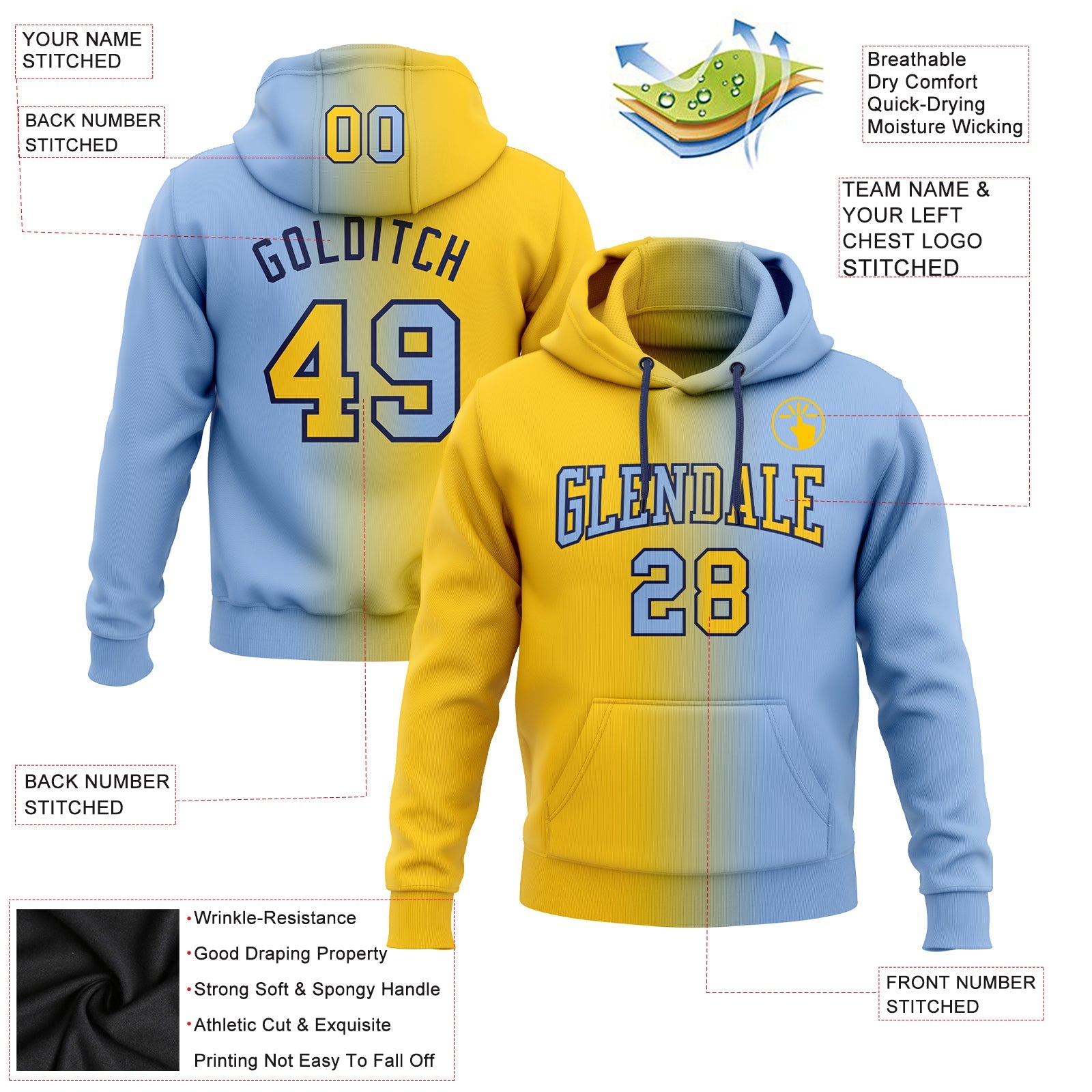 Custom Stitched Light Blue Yellow-Navy Gradient Fashion Sports Pullover Sweatshirt Hoodie view 2