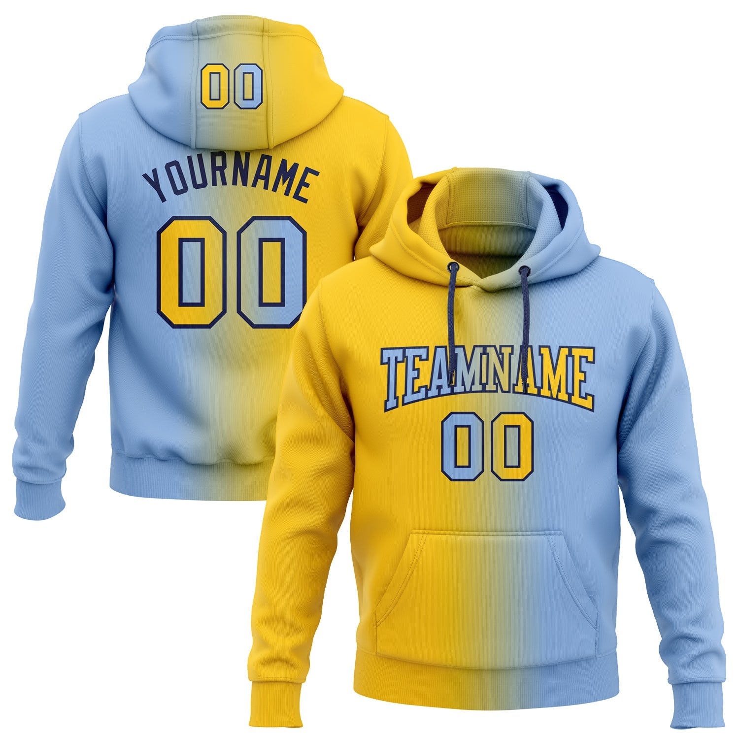 Custom Stitched Light Blue Yellow-Navy Gradient Fashion Sports Pullover Sweatshirt Hoodie - Main View