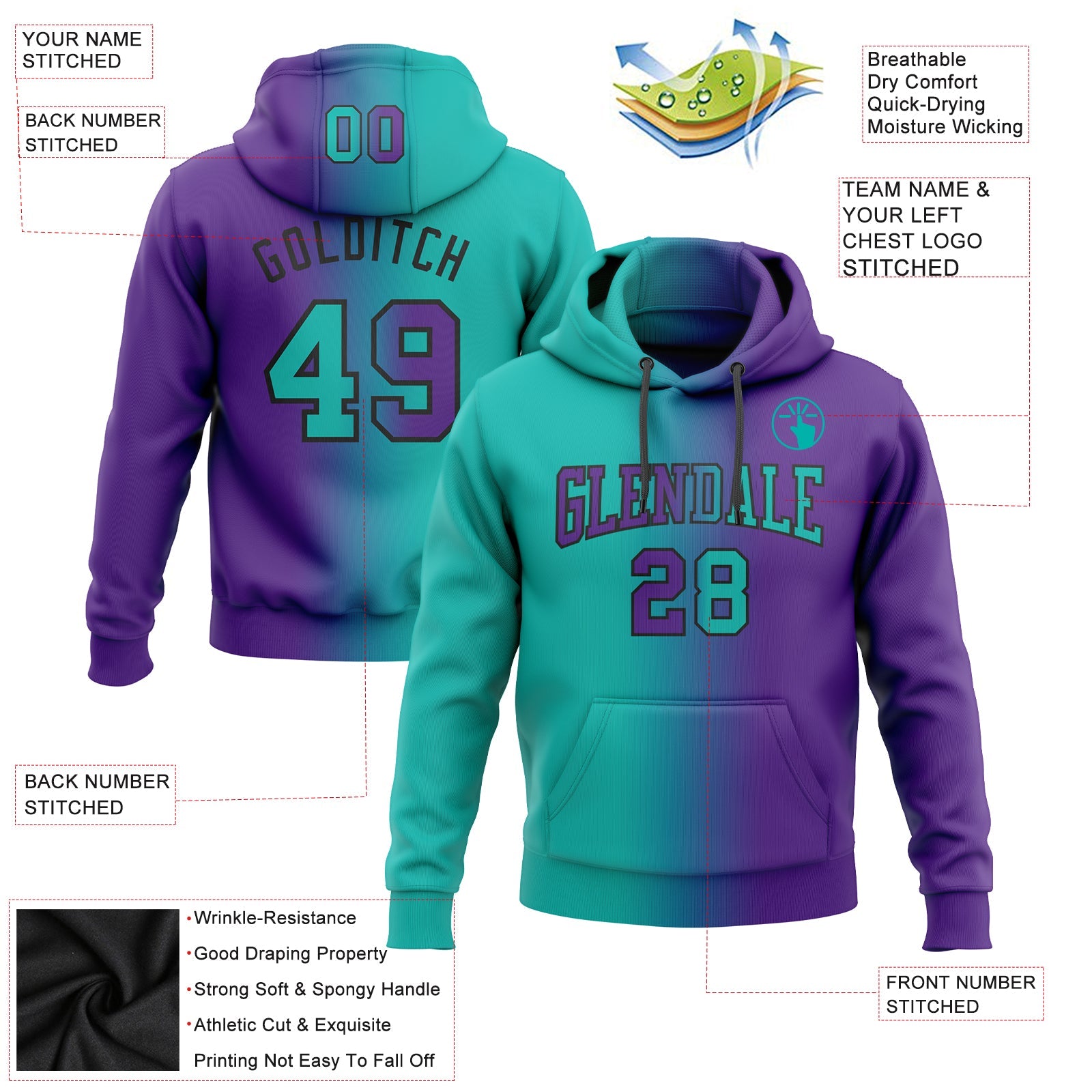 Custom Stitched Purple Aqua-Black Gradient Fashion Sports Pullover Sweatshirt Hoodie view 2