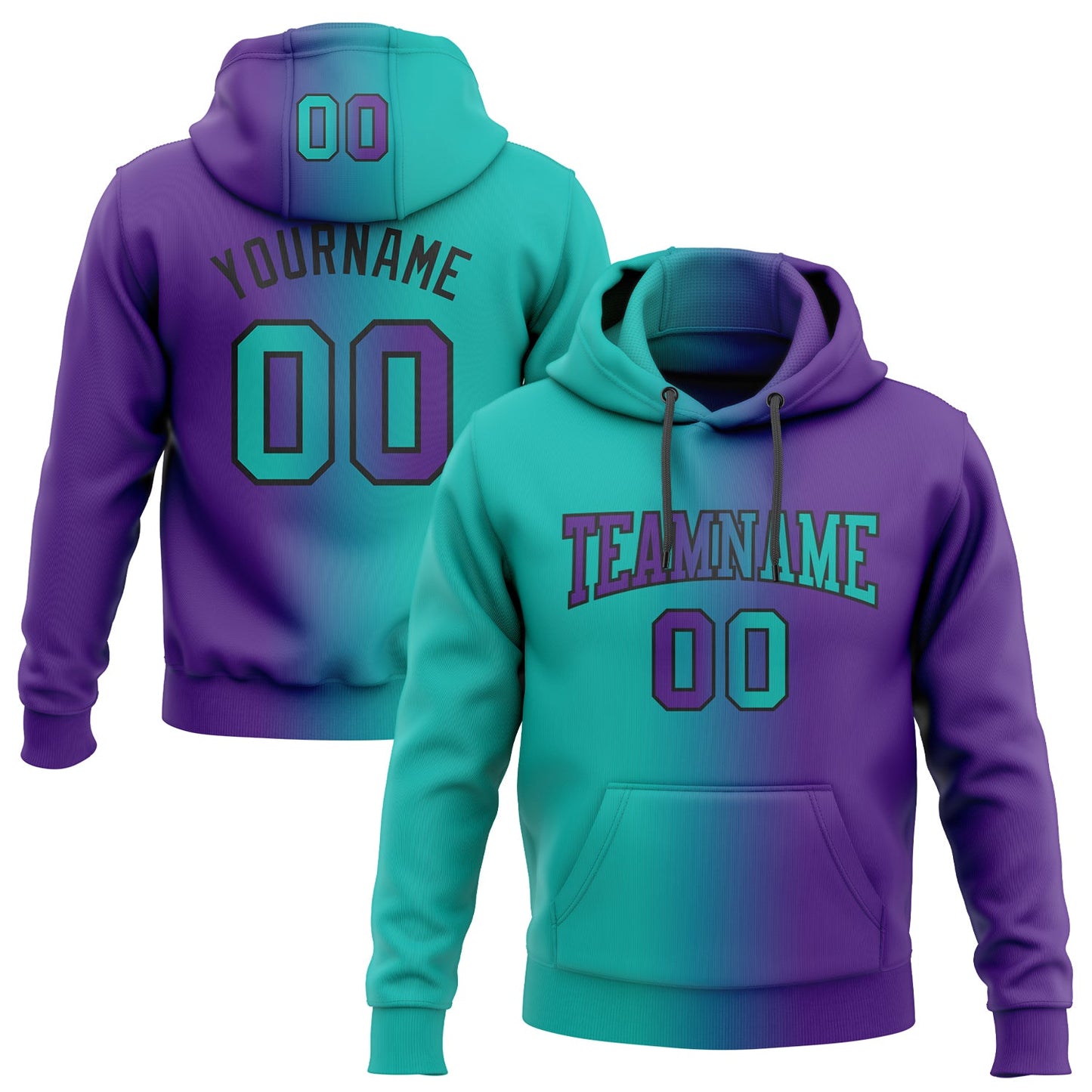 Custom Stitched Purple Aqua-Black Gradient Fashion Sports Pullover Sweatshirt Hoodie - Main View