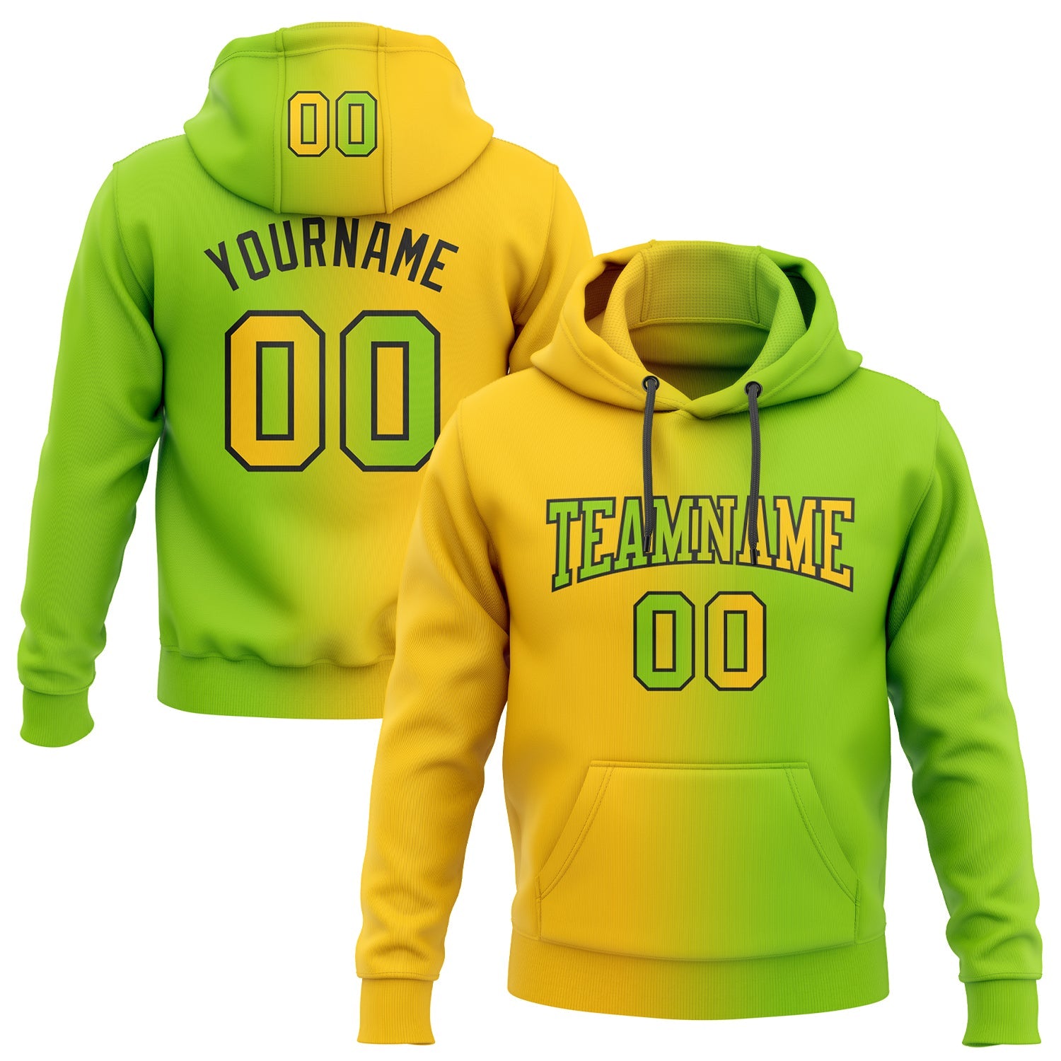 Custom Stitched Neon Green Yellow-Black Gradient Fashion Sports Pullover Sweatshirt Hoodie - Main View