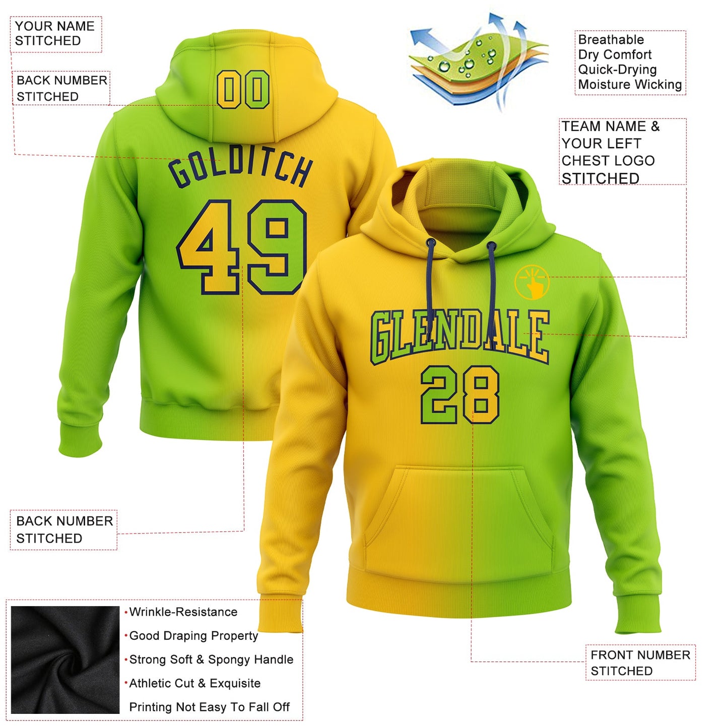 Custom Stitched Neon Green Yellow-Navy Gradient Fashion Sports Pullover Sweatshirt Hoodie view 2