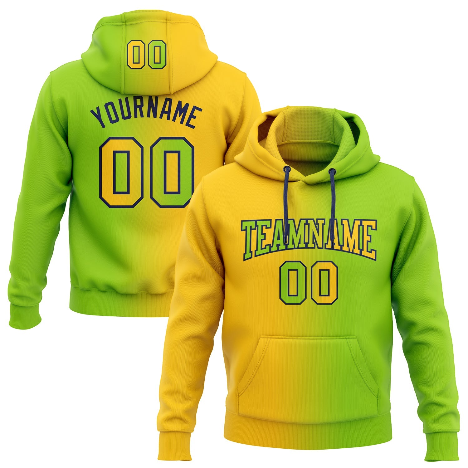 Custom Stitched Neon Green Yellow-Navy Gradient Fashion Sports Pullover Sweatshirt Hoodie - Main View