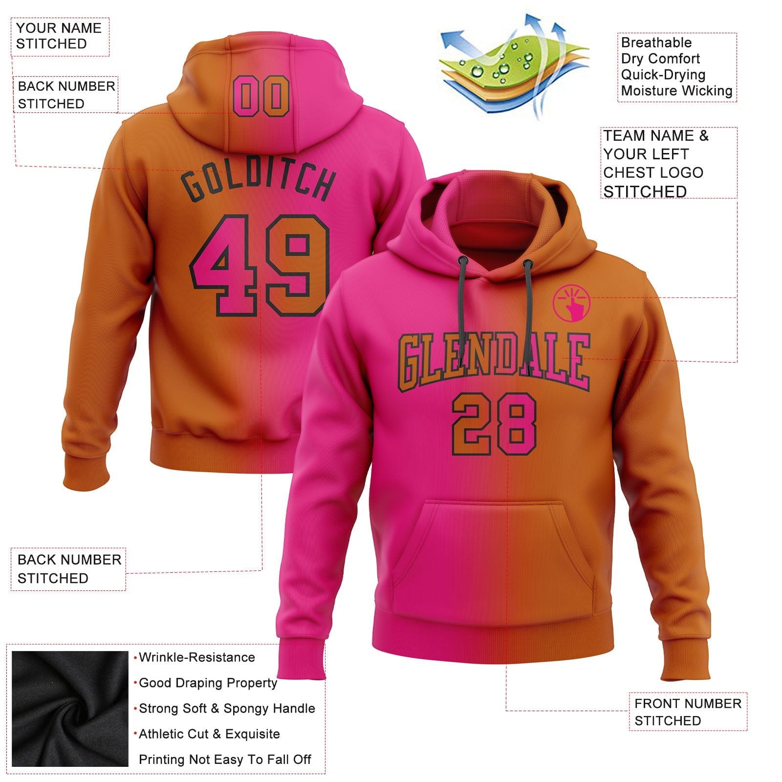 Custom Stitched Texas Orange Hot Pink-Black Gradient Fashion Sports Pullover Sweatshirt Hoodie view 2