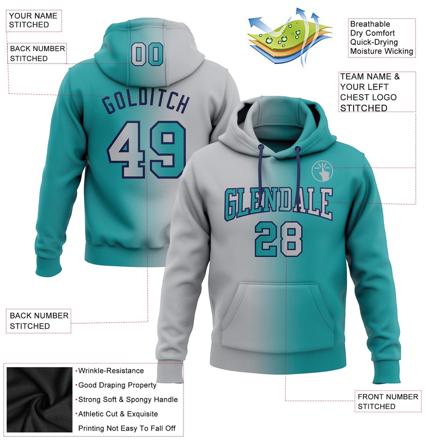 Custom Stitched Teal Gray-Navy Gradient Fashion Sports Pullover Sweatshirt Hoodie view 2