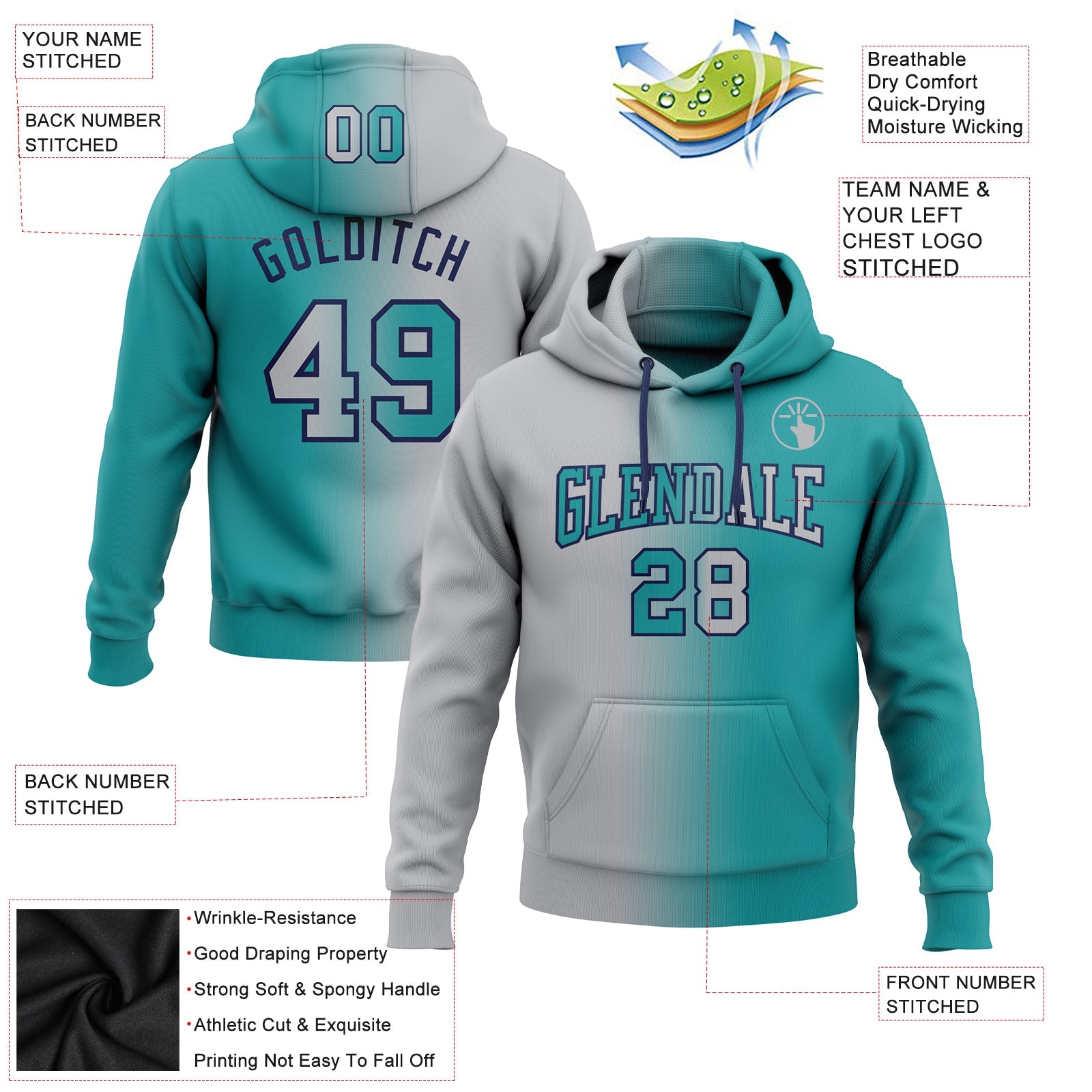 Custom Stitched Teal Gray-Navy Gradient Fashion Sports Pullover Sweatshirt Hoodie view 2